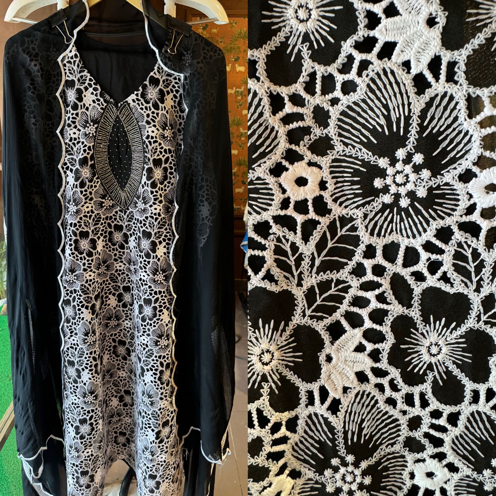 Crochia Cotton Floral Cutwork shirt with Linning , The base linning is Opada silk even the back has Linning attached.