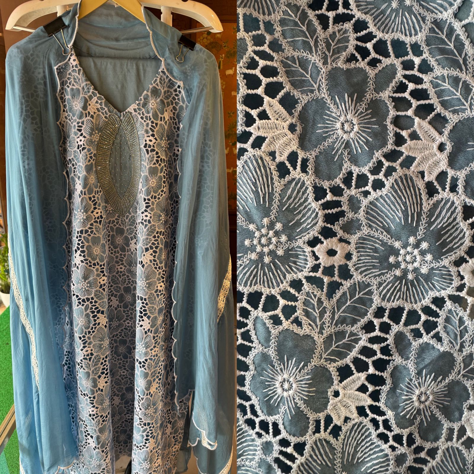 Crochia Cotton Floral Cutwork shirt with Linning , The base linning is Opada silk even the back has Linning attached.