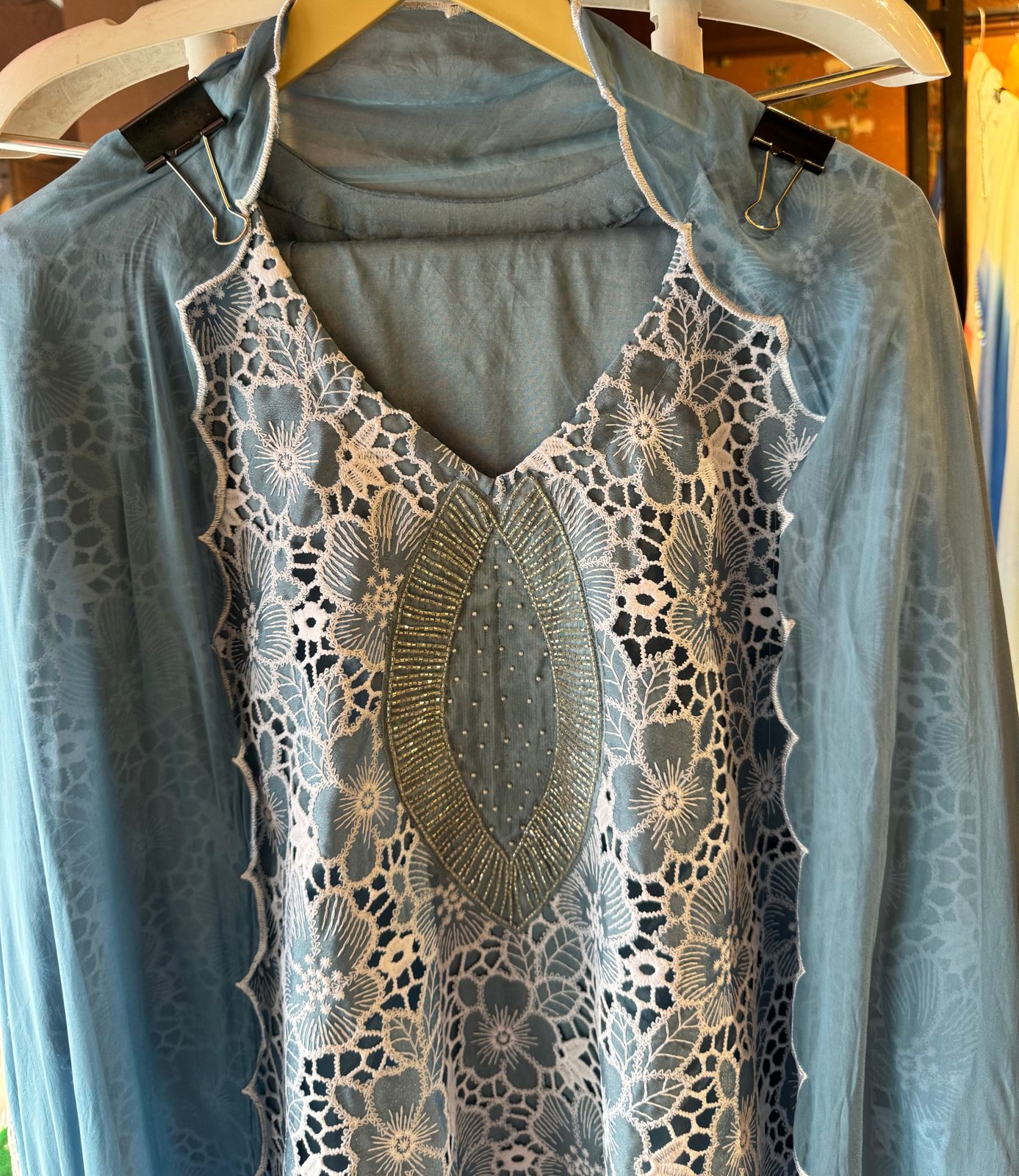 Crochia Cotton Floral Cutwork shirt with Linning , The base linning is Opada silk even the back has Linning attached.
