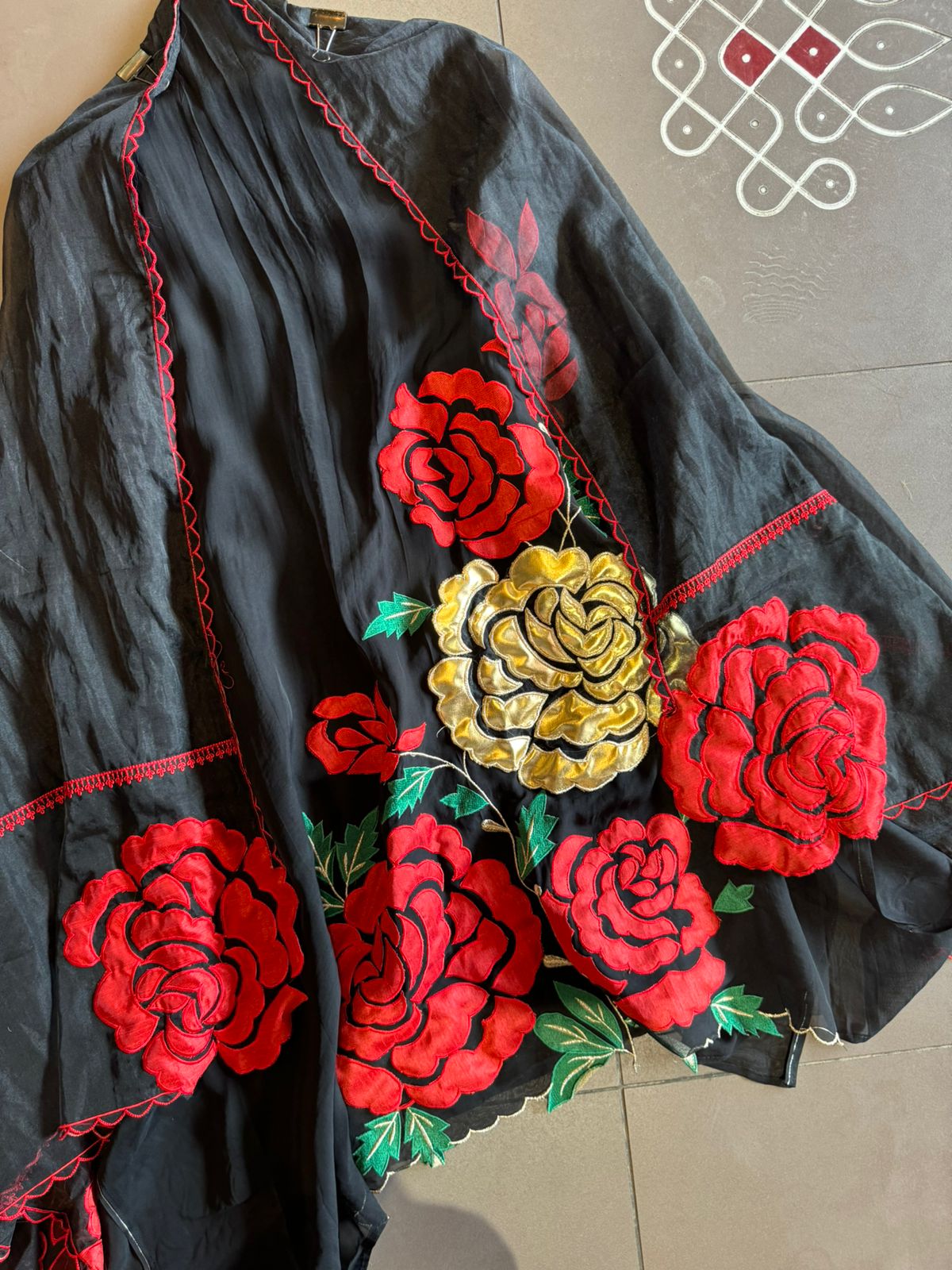 Soft organza Unstitched Shirt with Floral Patchwork done on the shirt front (Heavy Cutwork patching done) With one gold highlighted leather patch