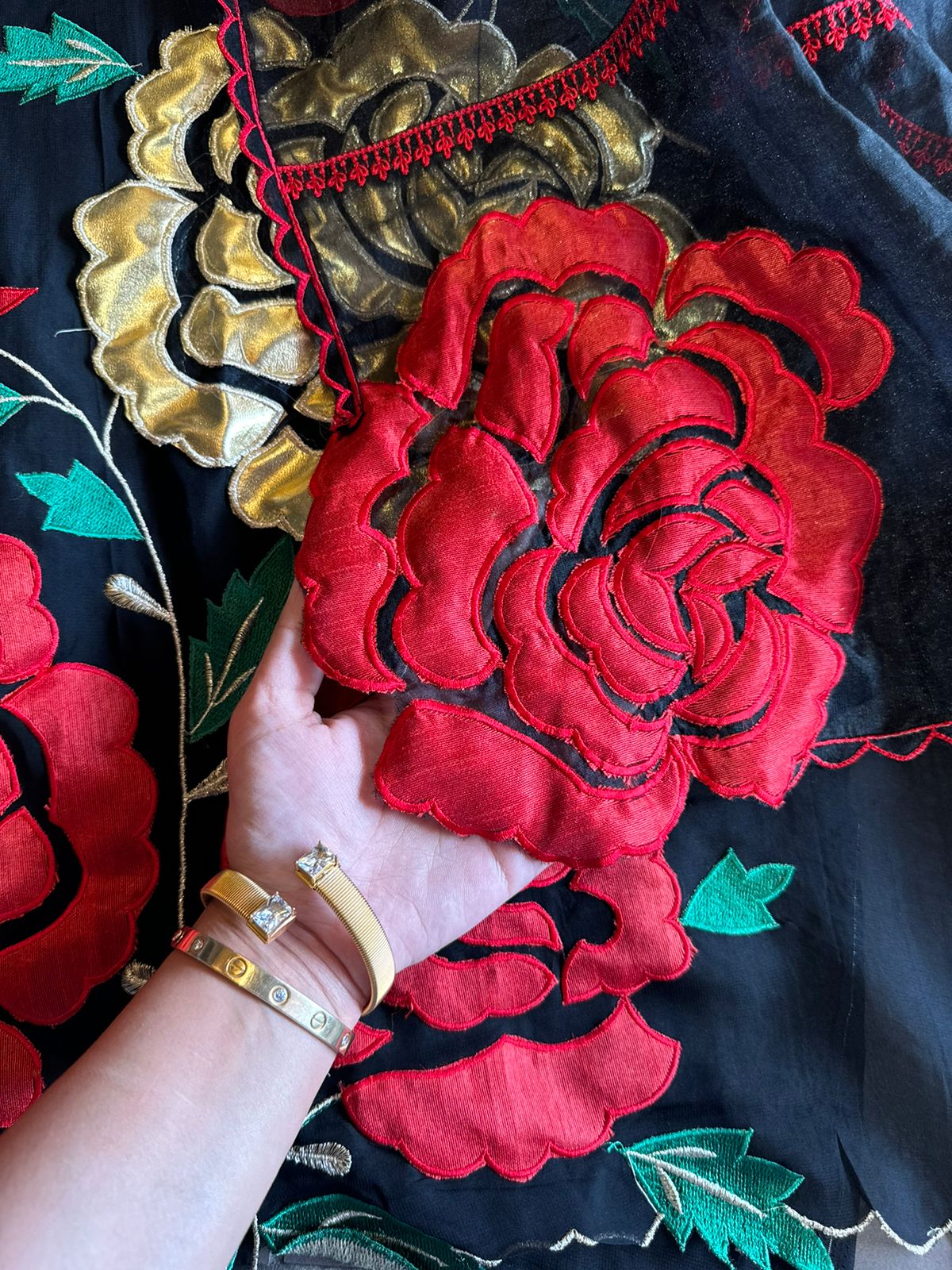 Soft organza Unstitched Shirt with Floral Patchwork done on the shirt front (Heavy Cutwork patching done) With one gold highlighted leather patch