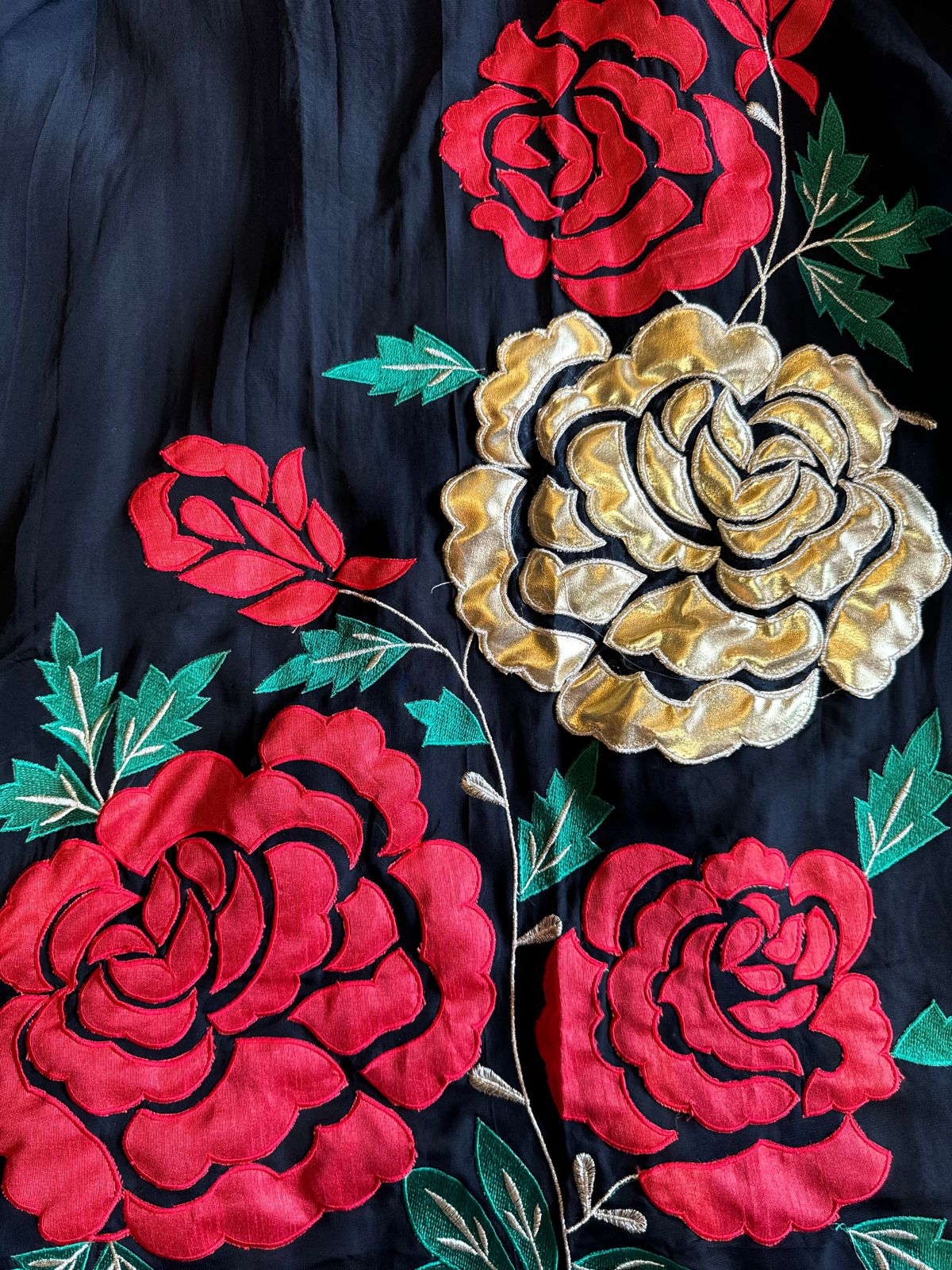 Soft organza Unstitched Shirt with Floral Patchwork done on the shirt front (Heavy Cutwork patching done) With one gold highlighted leather patch