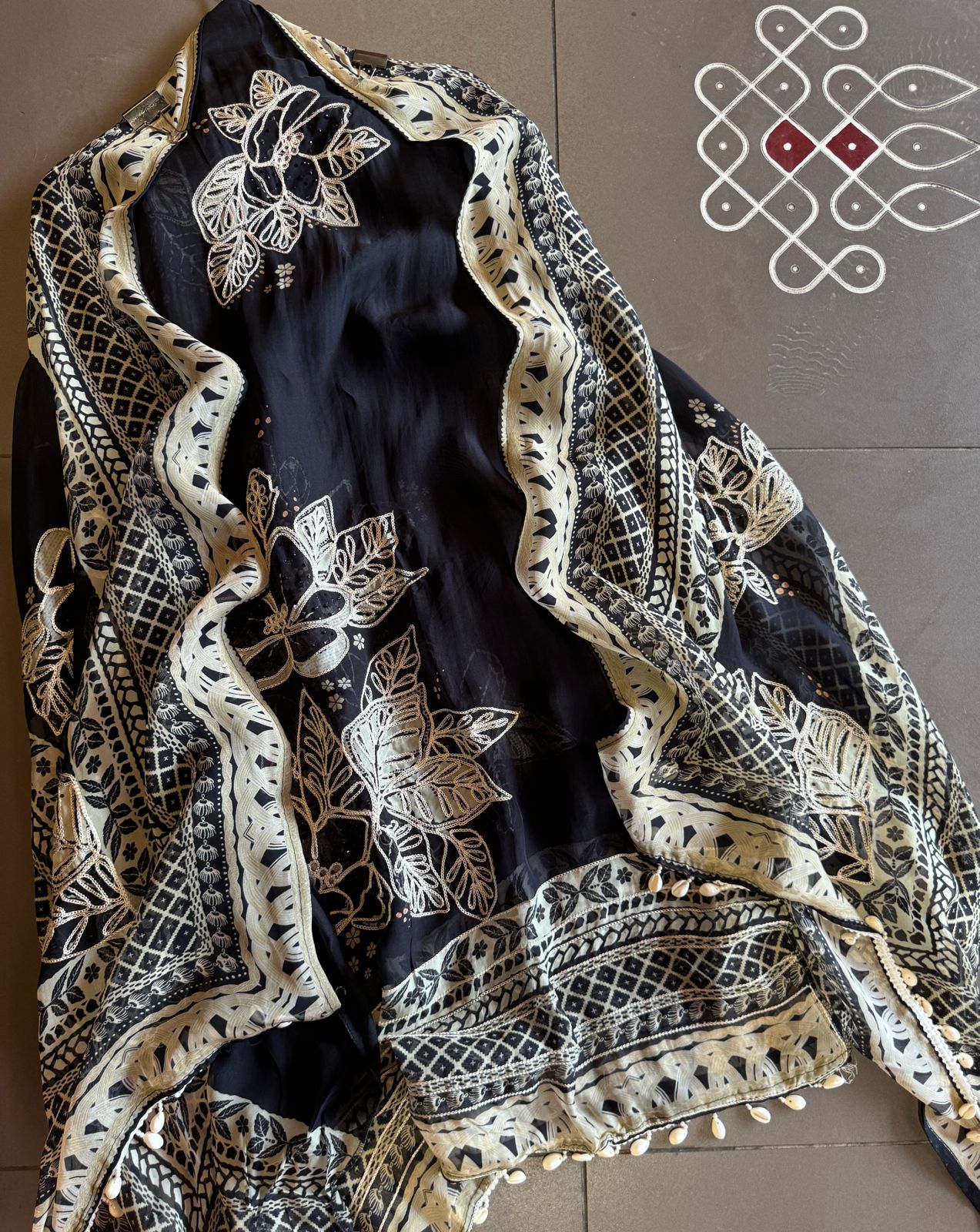 Digital printed Soft and flowy Organza Shirt with designer thread embroidered concept with thread Kadhai and Swarovski highlights