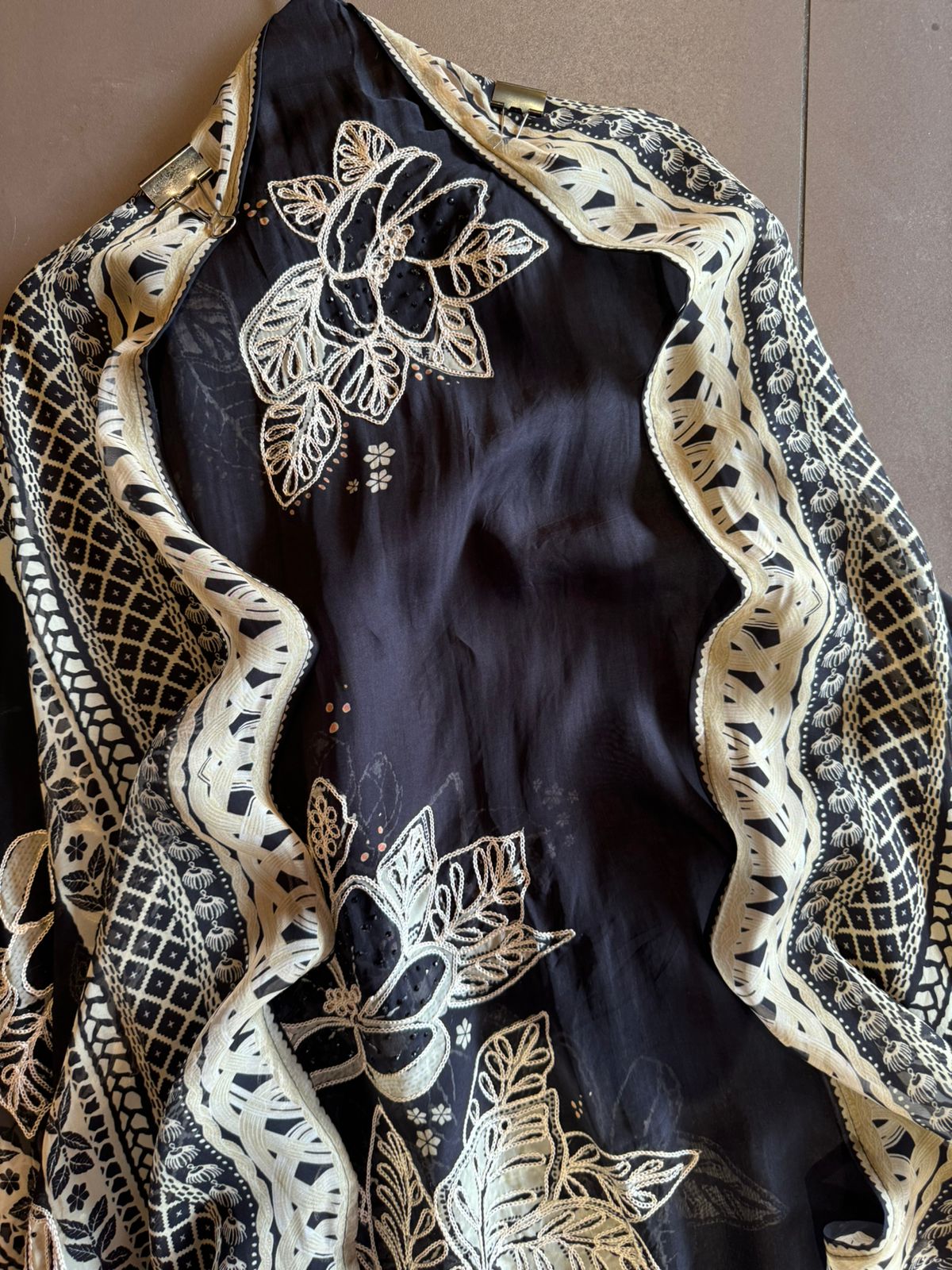 Digital printed Soft and flowy Organza Shirt with designer thread embroidered concept with thread Kadhai and Swarovski highlights