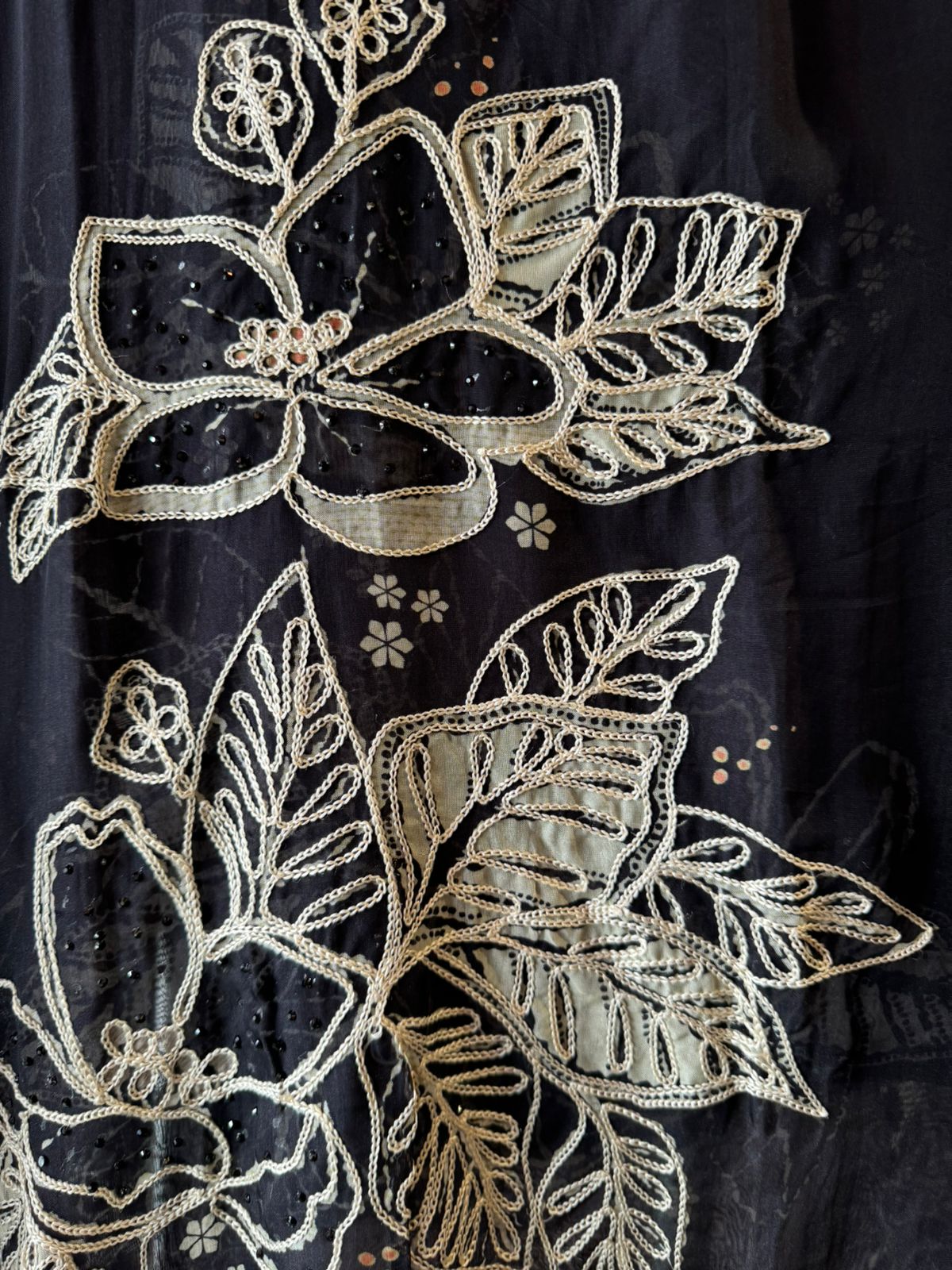 Digital printed Soft and flowy Organza Shirt with designer thread embroidered concept with thread Kadhai and Swarovski highlights