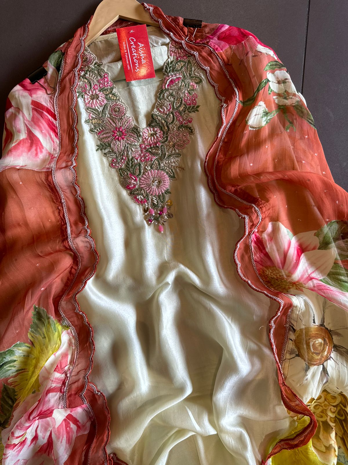 Pure Silk (Unstitched) shirt  With Very beautiful and heavily embroidered neckline with beadwork , Thread work and dori work detailings