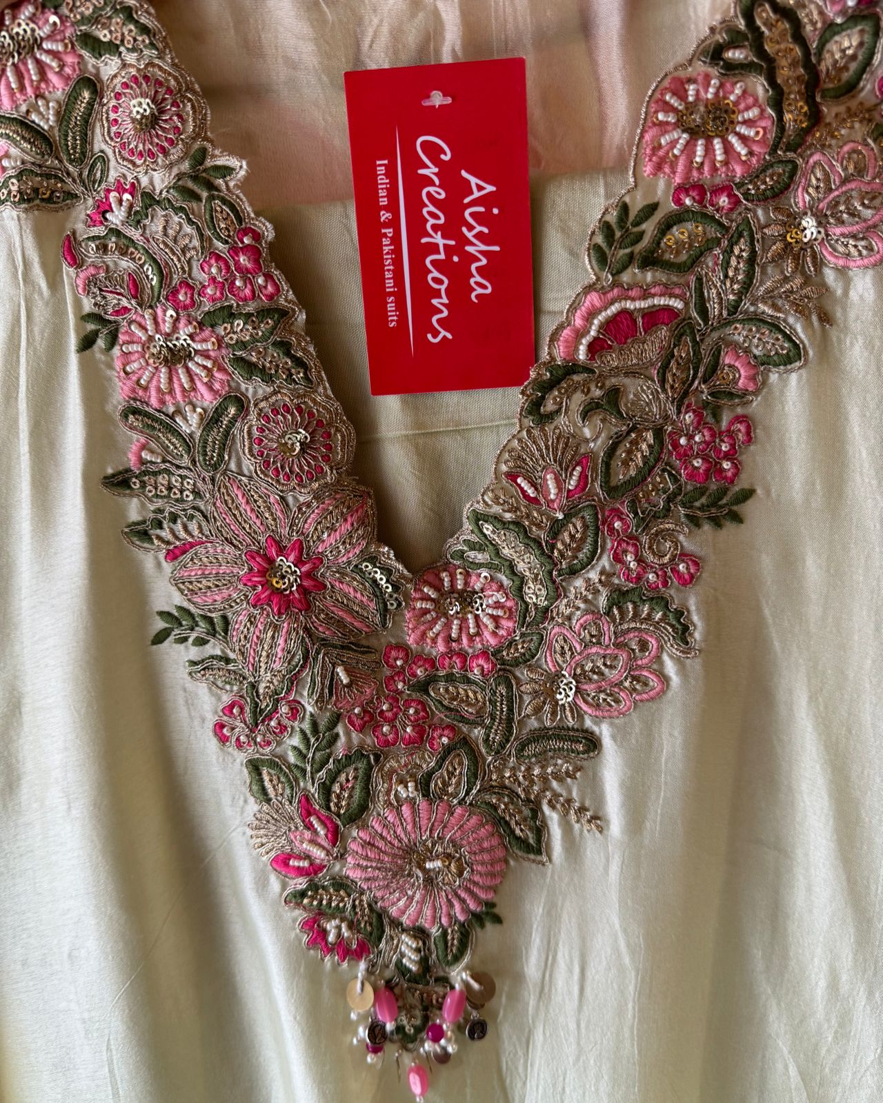 Pure Silk (Unstitched) shirt  With Very beautiful and heavily embroidered neckline with beadwork , Thread work and dori work detailings