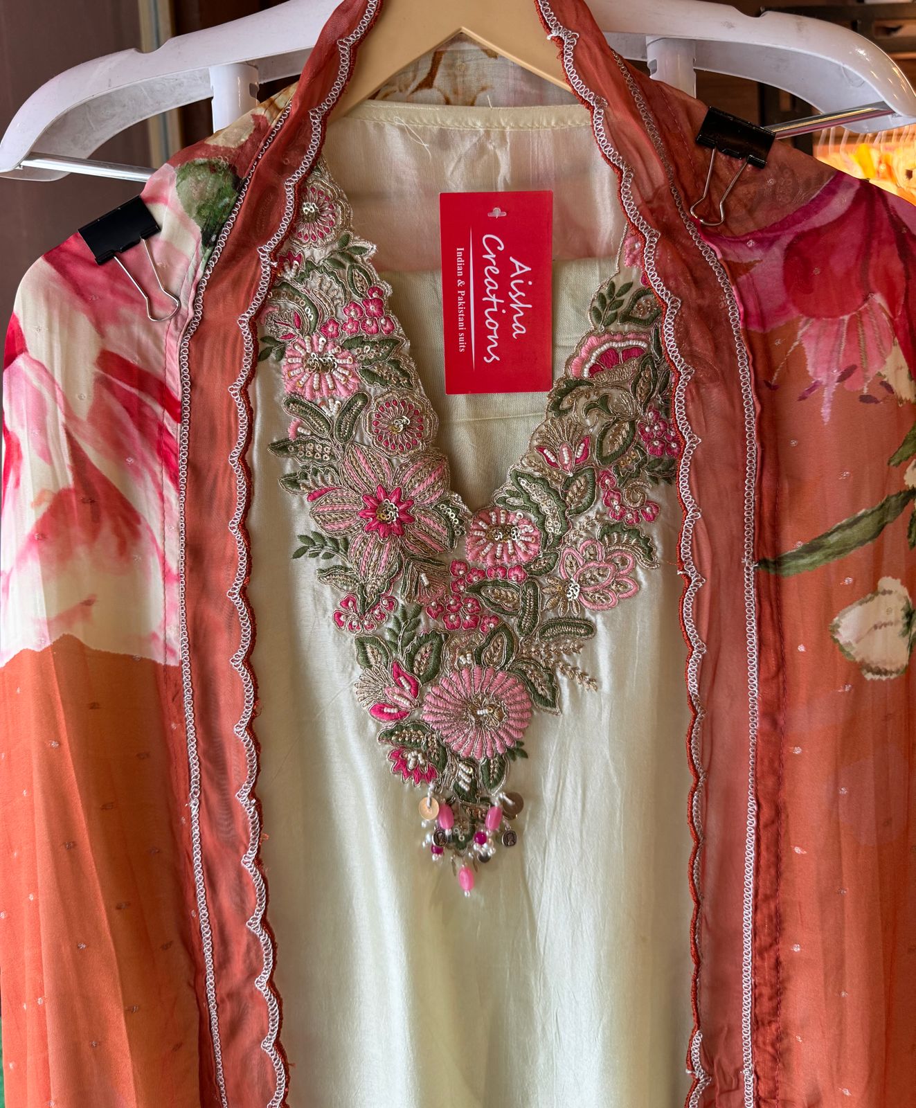 Pure Silk (Unstitched) shirt  With Very beautiful and heavily embroidered neckline with beadwork , Thread work and dori work detailings