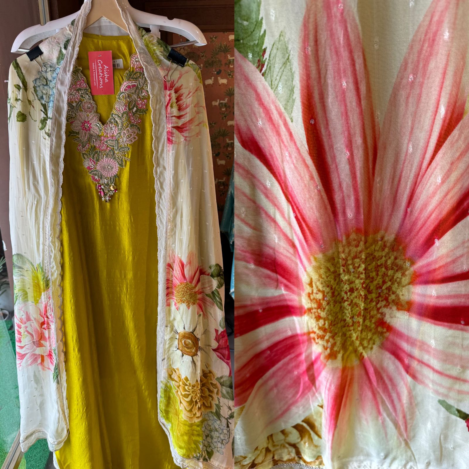 Pure Silk (Unstitched) shirt  With Very beautiful and heavily embroidered neckline with beadwork , Thread work and dori work detailings