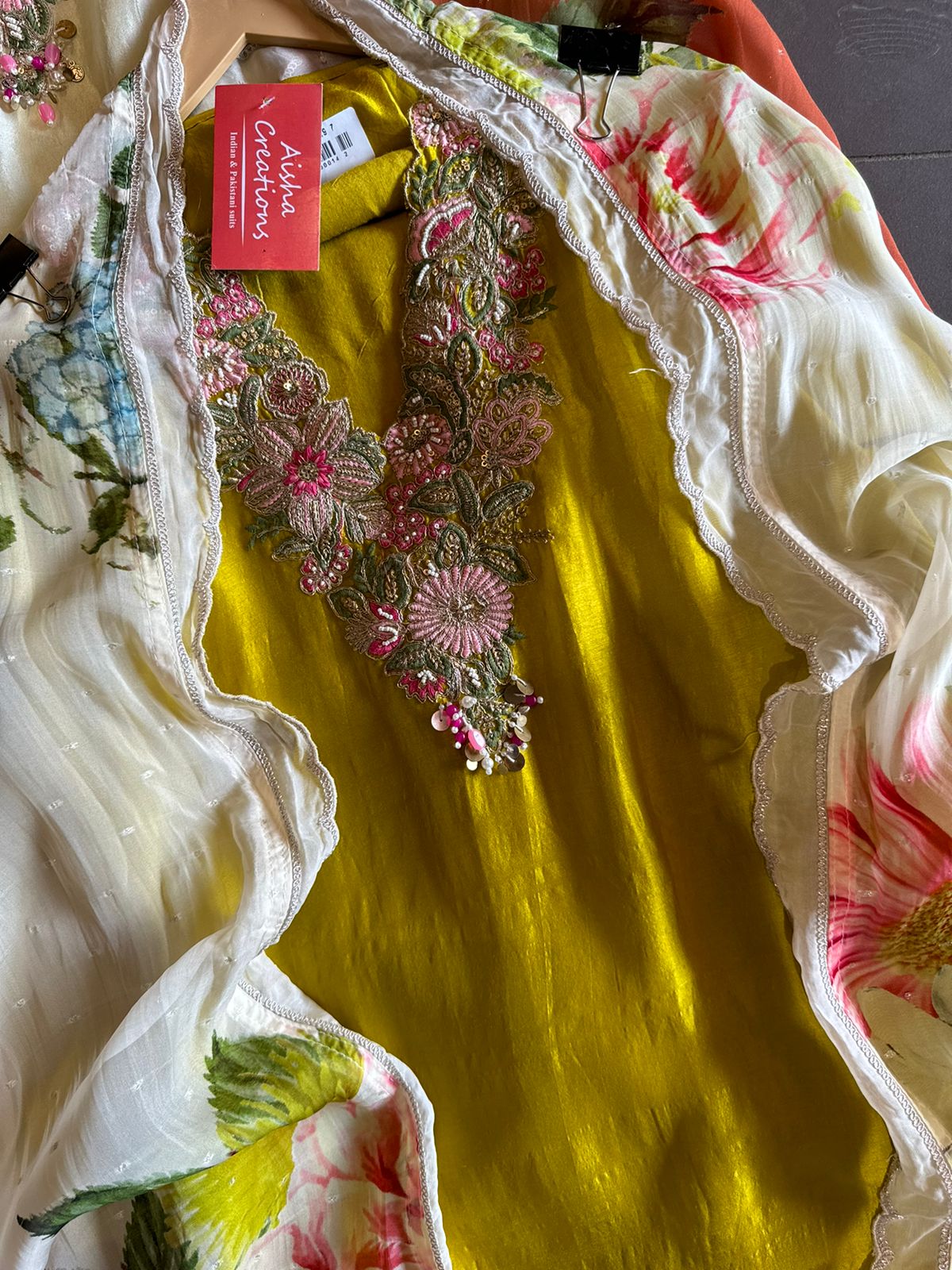 Pure Silk (Unstitched) shirt  With Very beautiful and heavily embroidered neckline with beadwork , Thread work and dori work detailings