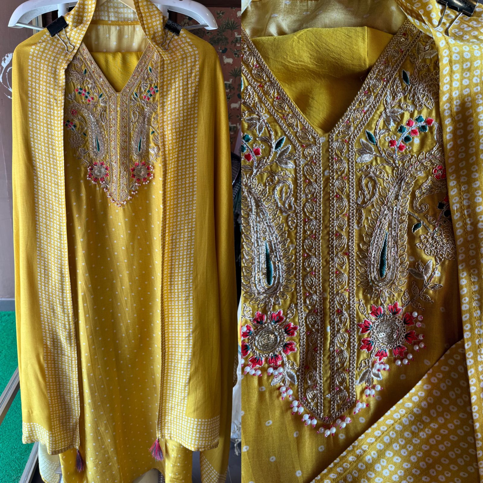 Russian Silk dotted Shirt Bandhani printed shirt with Beautifully embroidered neckline with thread and Dori work detailings with beadwork done.