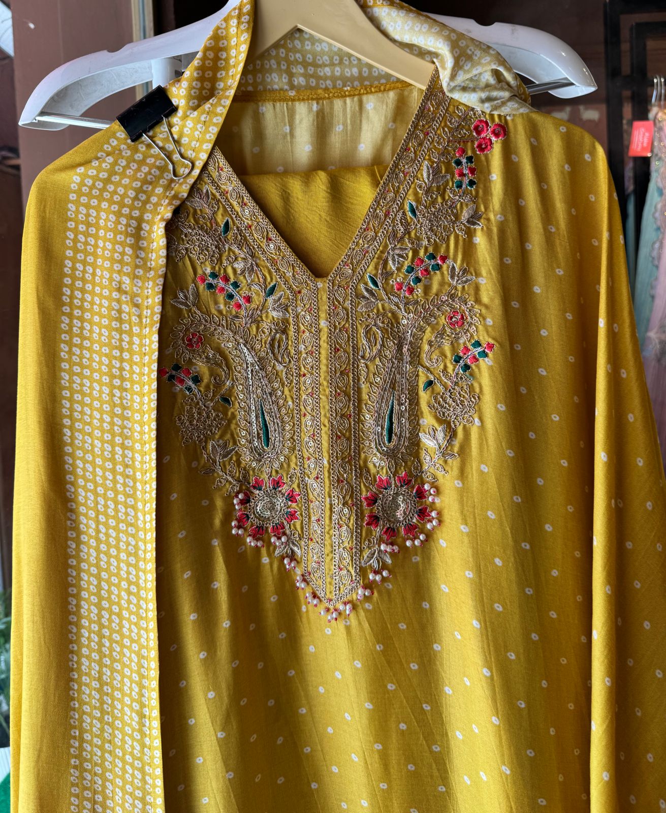 Russian Silk dotted Shirt Bandhani printed shirt with Beautifully embroidered neckline with thread and Dori work detailings with beadwork done.