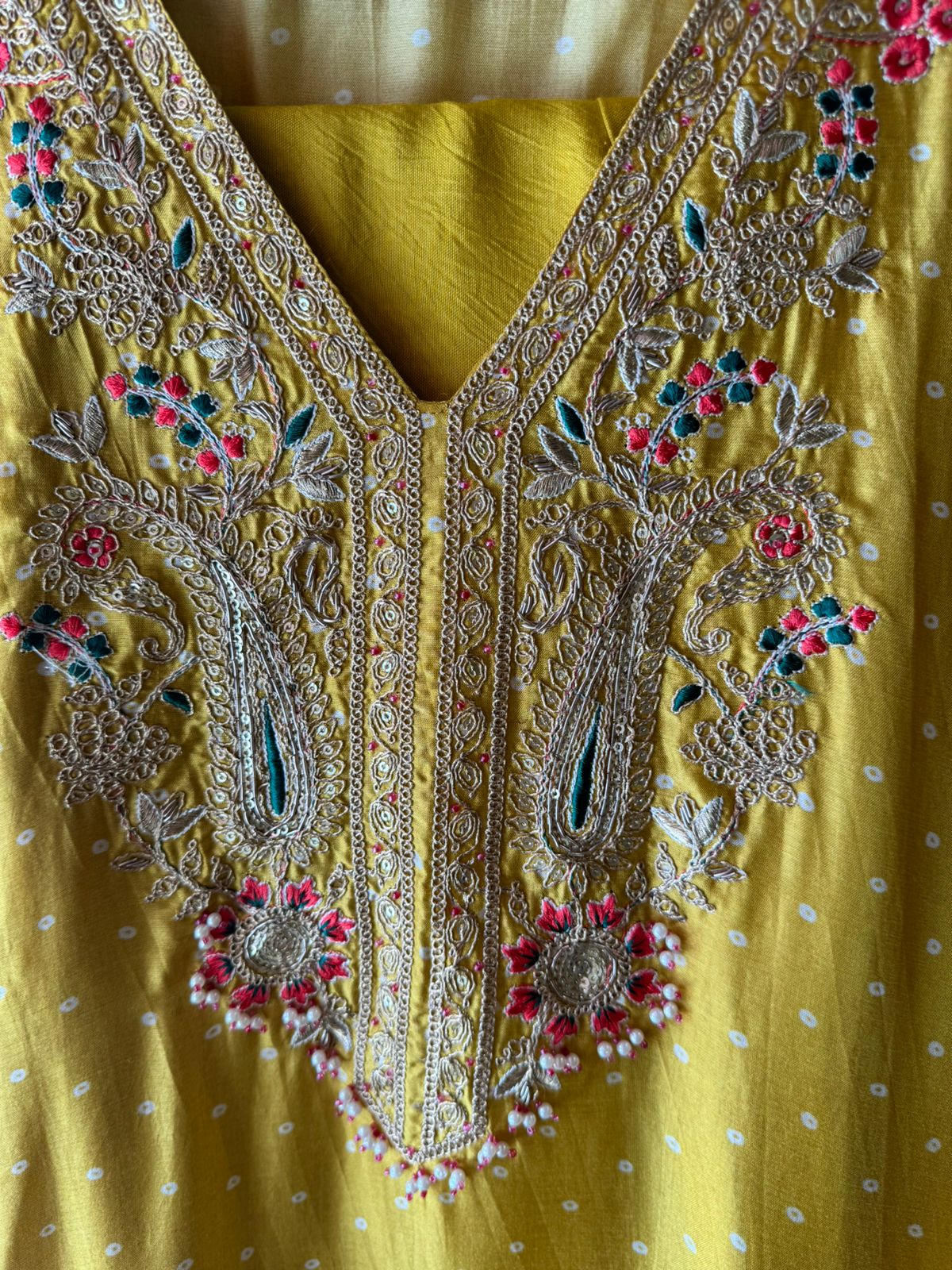 Russian Silk dotted Shirt Bandhani printed shirt with Beautifully embroidered neckline with thread and Dori work detailings with beadwork done.