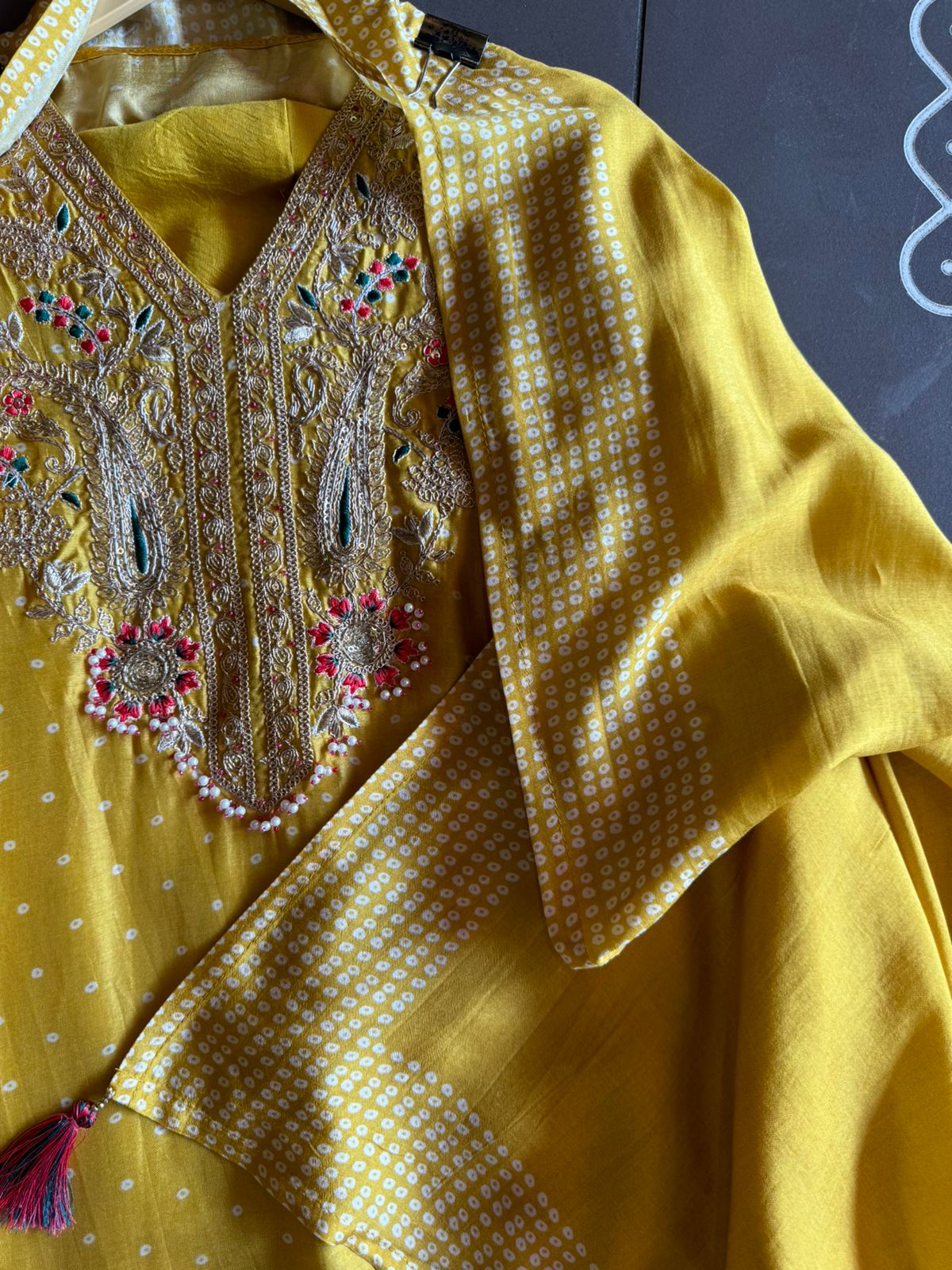 Russian Silk dotted Shirt Bandhani printed shirt with Beautifully embroidered neckline with thread and Dori work detailings with beadwork done.
