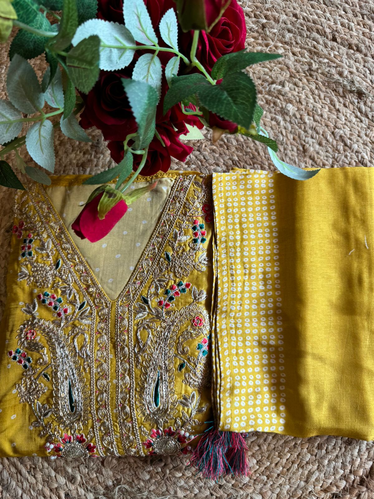 Russian Silk dotted Shirt Bandhani printed shirt with Beautifully embroidered neckline with thread and Dori work detailings with beadwork done.