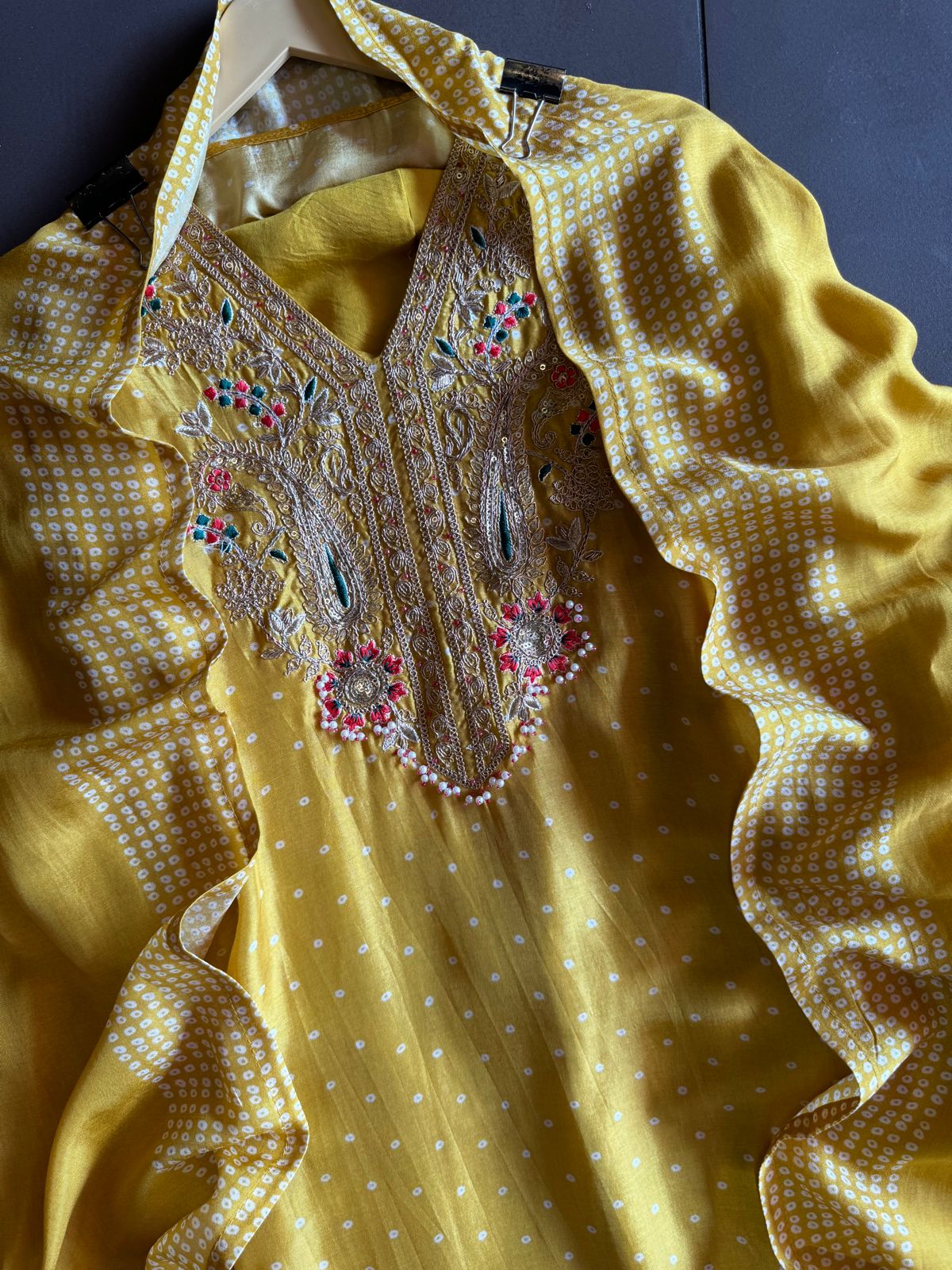 Russian Silk dotted Shirt Bandhani printed shirt with Beautifully embroidered neckline with thread and Dori work detailings with beadwork done.