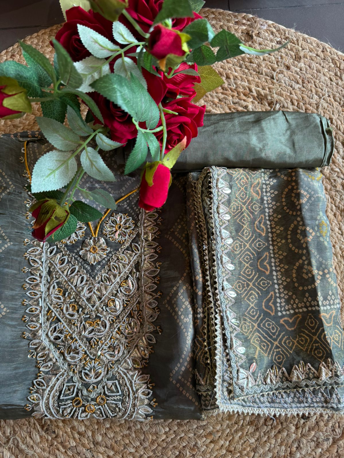 Pure Shimmer tissue Bandhani  printed shirt (Front and back)