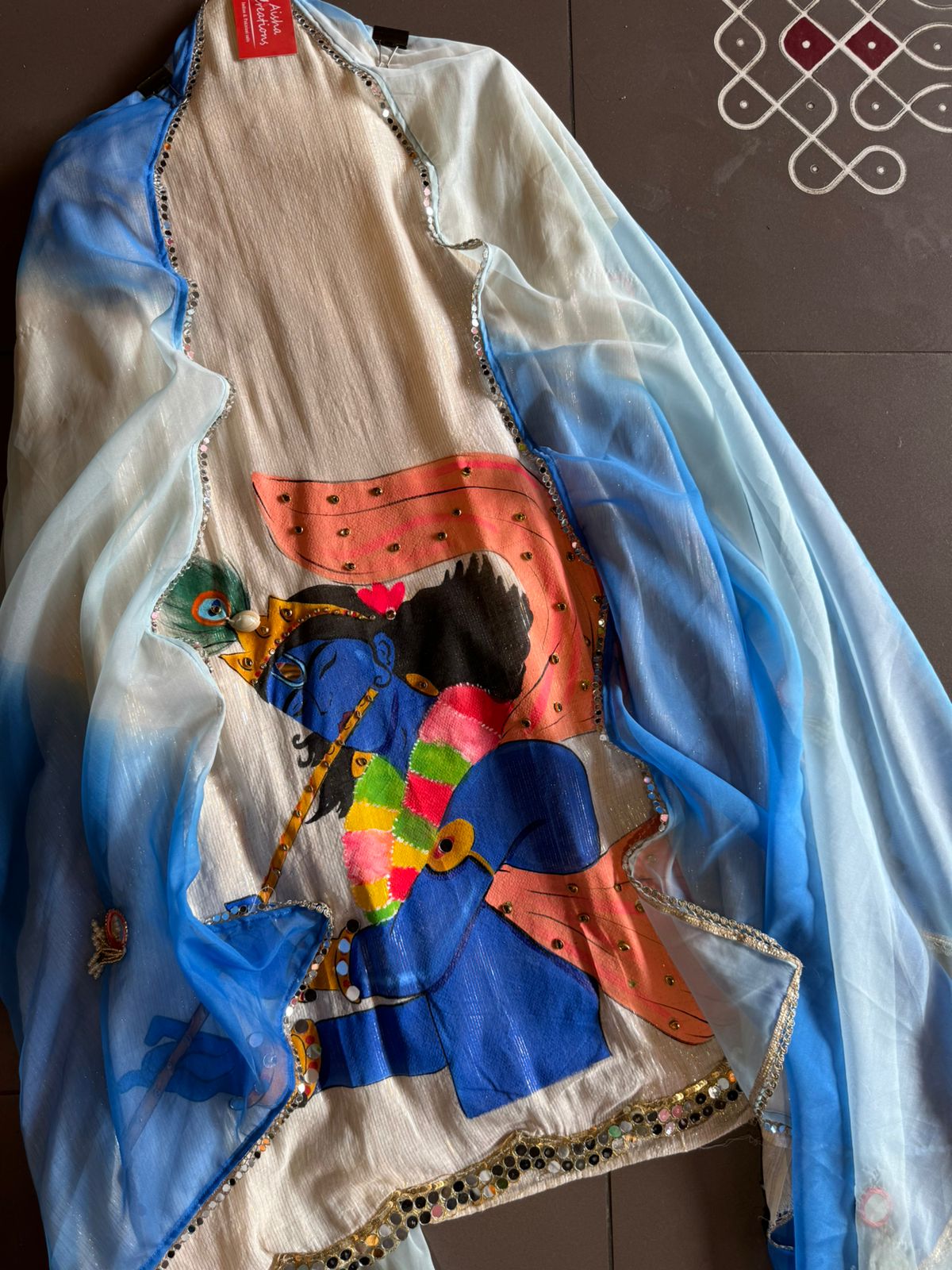 Lurex Cotton Unstitched Kurta with Shimmer lines , Depicting a Very Beautiful Concept of Kanha ji engrossed  in playing his Murli