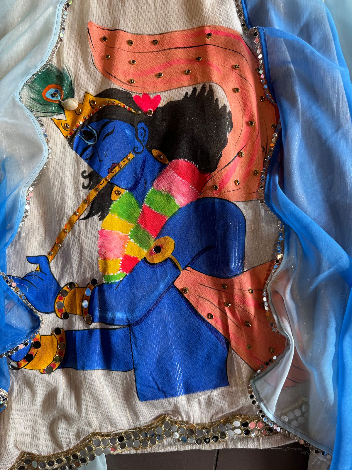 Lurex Cotton Unstitched Kurta with Shimmer lines , Depicting a Very Beautiful Concept of Kanha ji engrossed  in playing his Murli