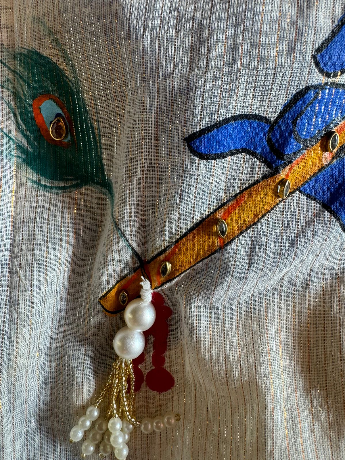 Lurex Cotton Unstitched Kurta with Shimmer lines , Depicting a Very Beautiful Concept of Kanha ji engrossed  in playing his Murli