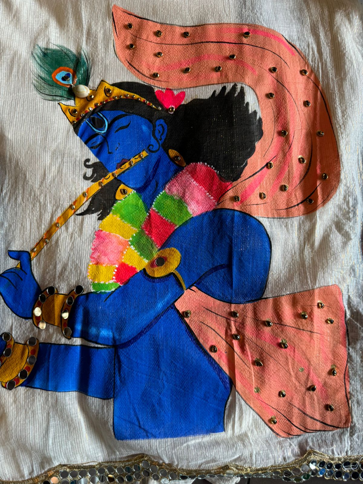 Lurex Cotton Unstitched Kurta with Shimmer lines , Depicting a Very Beautiful Concept of Kanha ji engrossed  in playing his Murli