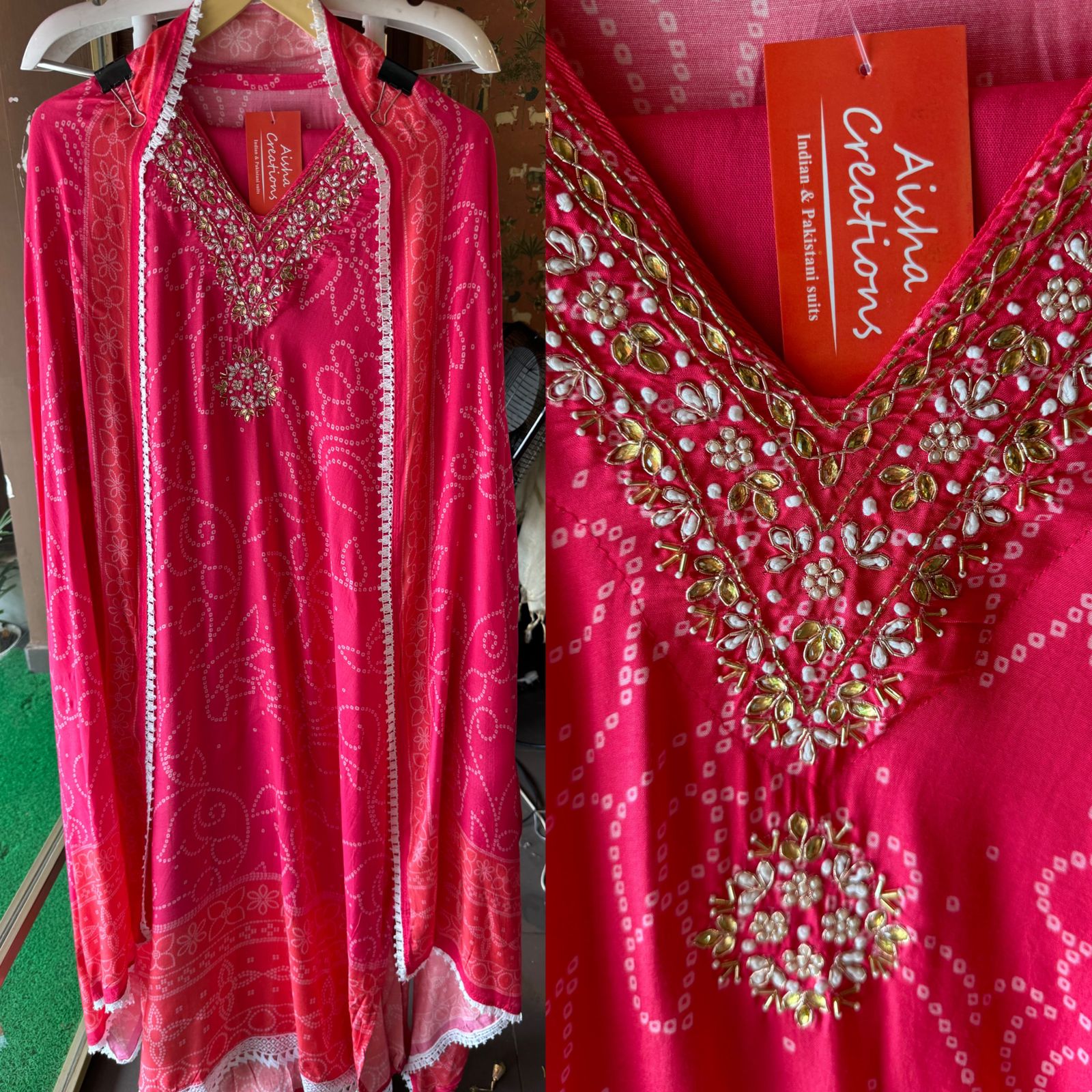 Printed Semi stitched Shirt (Ombre shaded) with White crochia lace attached on the ghera and sleeves