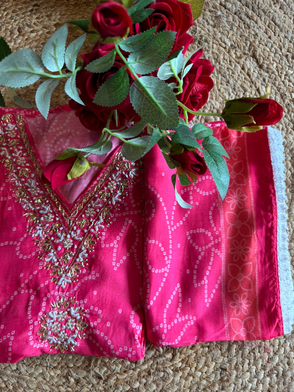 Printed Semi stitched Shirt (Ombre shaded) with White crochia lace attached on the ghera and sleeves