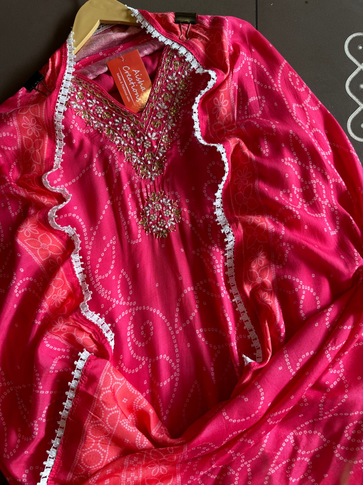 Printed Semi stitched Shirt (Ombre shaded) with White crochia lace attached on the ghera and sleeves