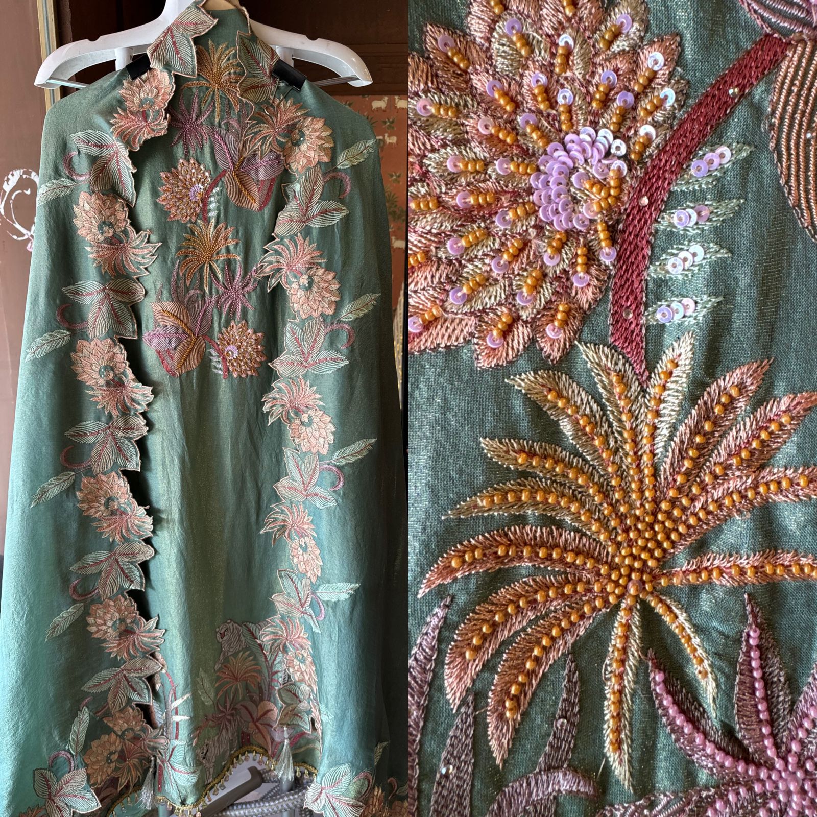 Shimmer tissue unstitched full size shirt with very smart Neckwork done with thread and Moti work done on the neckline (Very beautifully done)