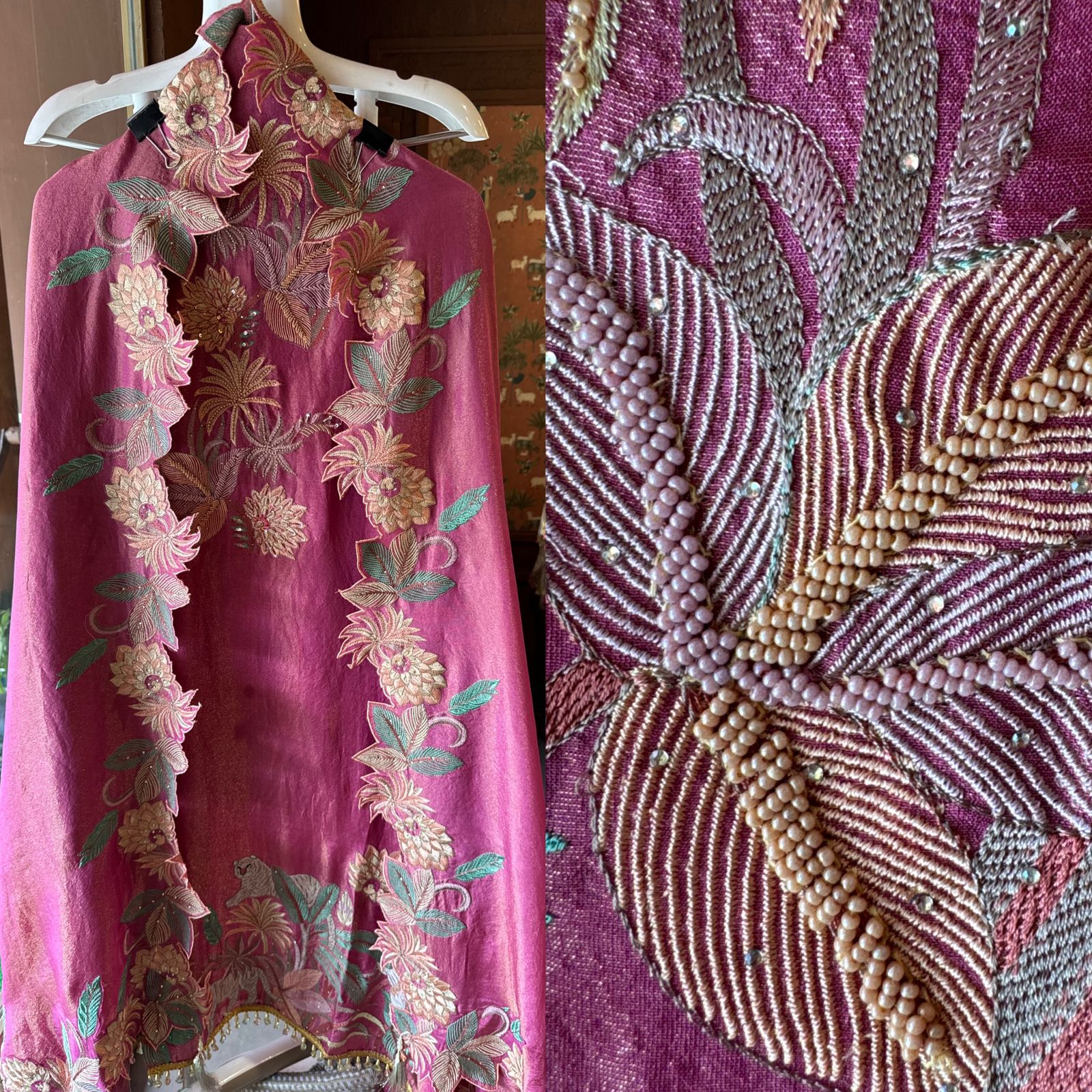 Shimmer tissue unstitched full size shirt with very smart Neckwork done with thread and Moti work done on the neckline (Very beautifully done)