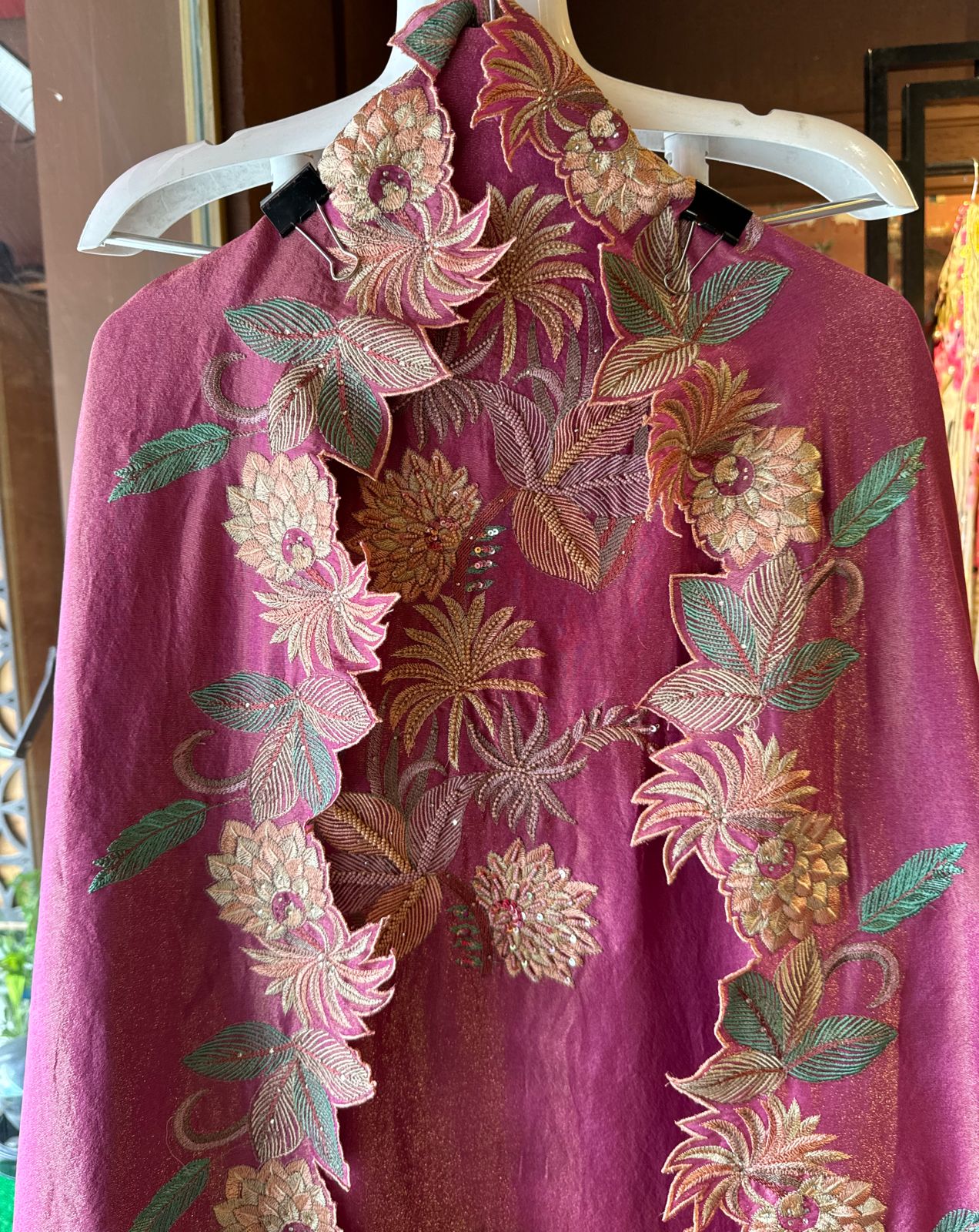 Shimmer tissue unstitched full size shirt with very smart Neckwork done with thread and Moti work done on the neckline (Very beautifully done)