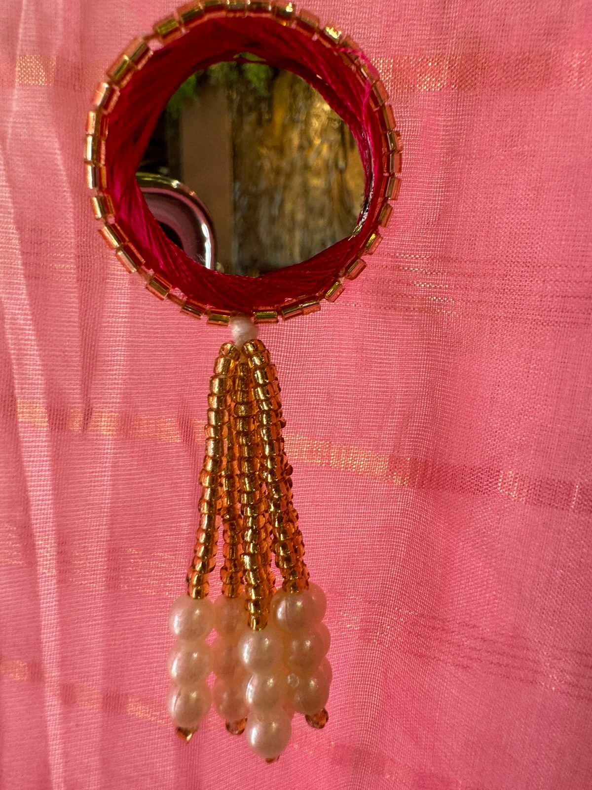 Lurex Cotton Unstitched Kurta with Shimmer lines , Depicting a Very Beautiful Concept of Radha Rani & Kanha ji engrossed  in playing his Murli