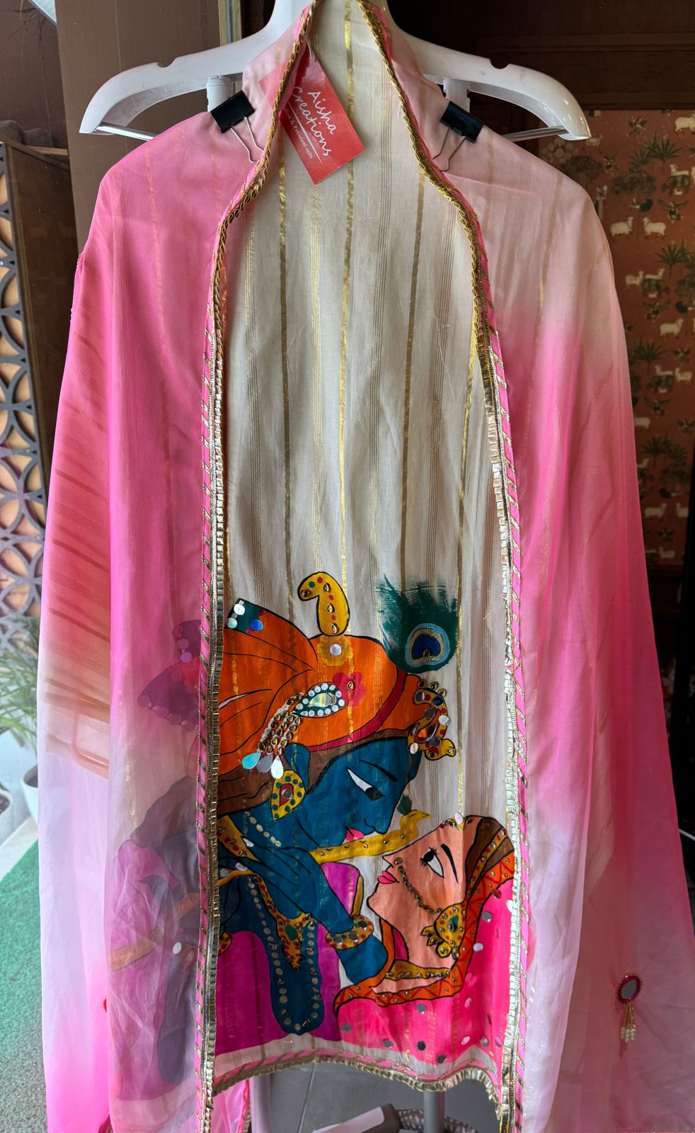 Lurex Cotton Unstitched Kurta with Shimmer lines , Depicting a Very Beautiful Concept of Radha Rani & Kanha ji engrossed  in playing his Murli