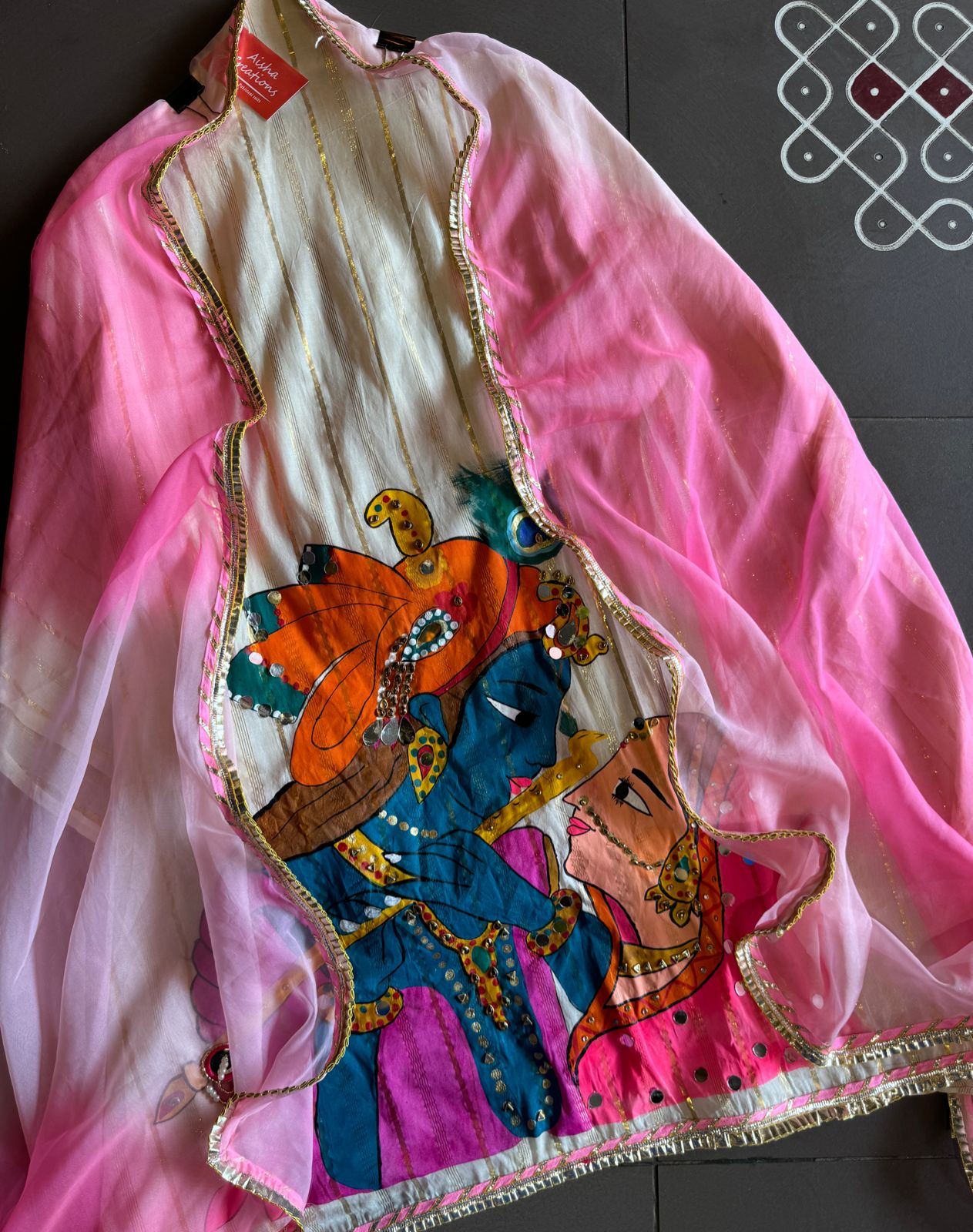 Lurex Cotton Unstitched Kurta with Shimmer lines , Depicting a Very Beautiful Concept of Radha Rani & Kanha ji engrossed  in playing his Murli