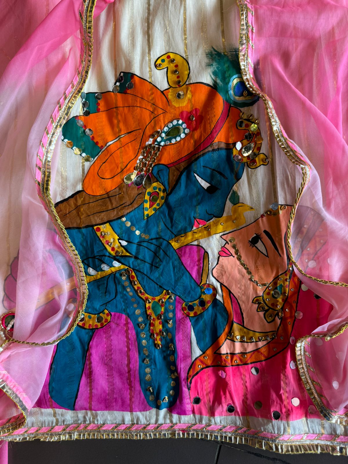 Lurex Cotton Unstitched Kurta with Shimmer lines , Depicting a Very Beautiful Concept of Radha Rani & Kanha ji engrossed  in playing his Murli