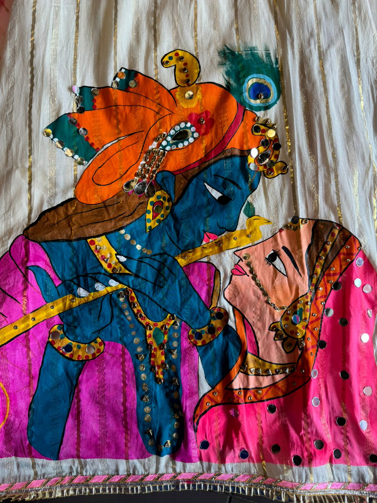 Lurex Cotton Unstitched Kurta with Shimmer lines , Depicting a Very Beautiful Concept of Radha Rani & Kanha ji engrossed  in playing his Murli