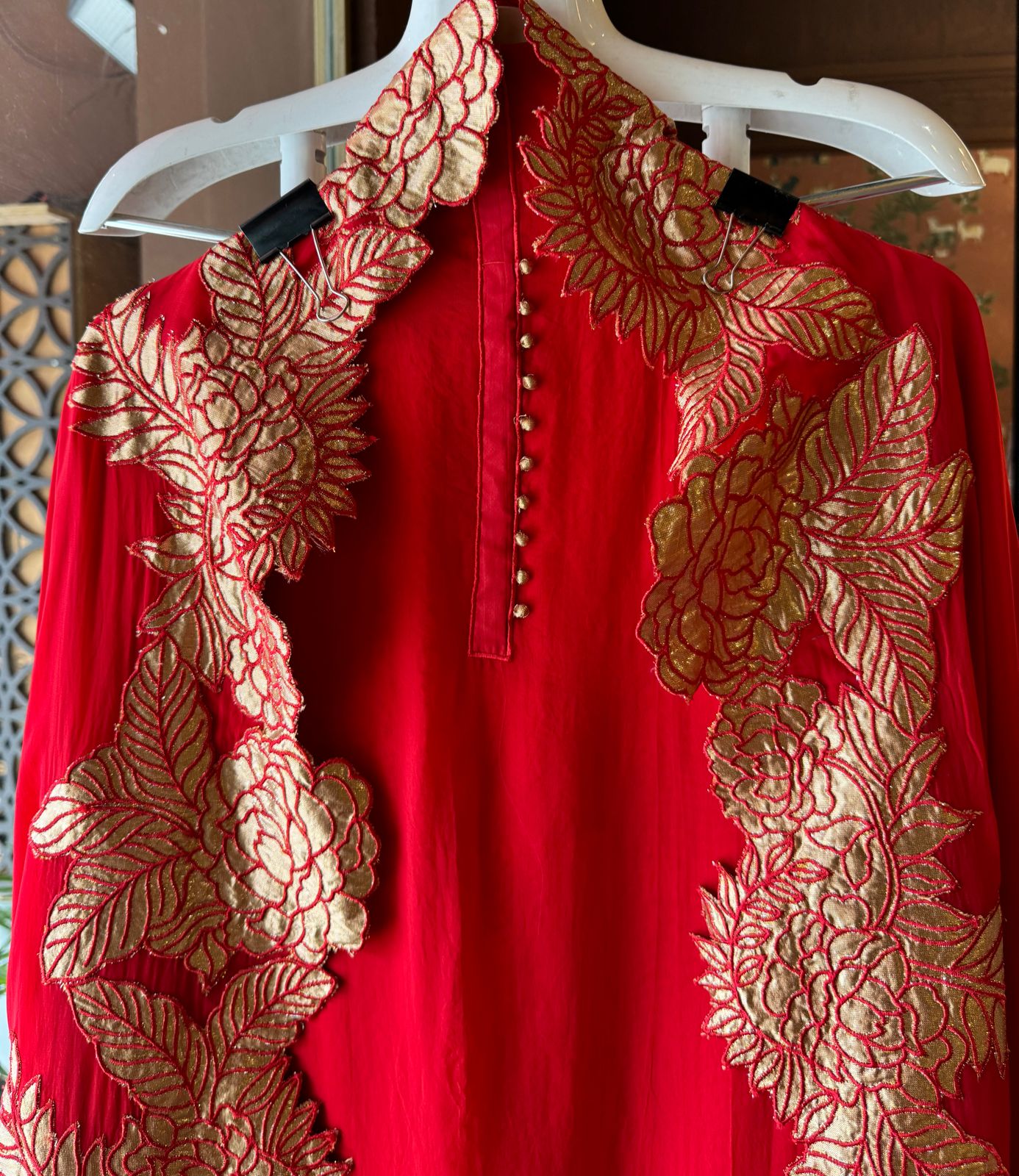 Soft organza Unstitched Shirt with Potli button detailings on the neck Patti , the shirt is full in sleeves