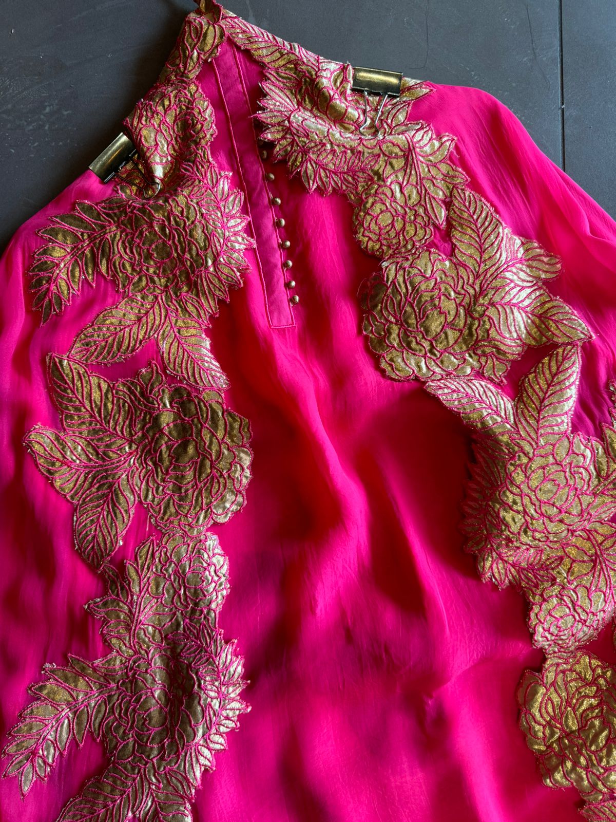 Soft organza Unstitched Shirt with Potli button detailings on the neck Patti , the shirt is full in sleeves