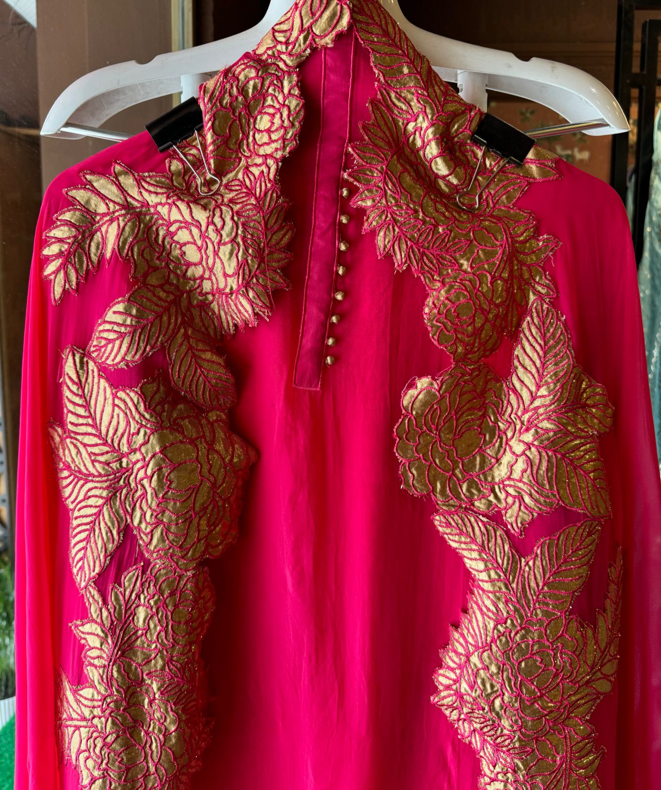 Soft organza Unstitched Shirt with Potli button detailings on the neck Patti , the shirt is full in sleeves