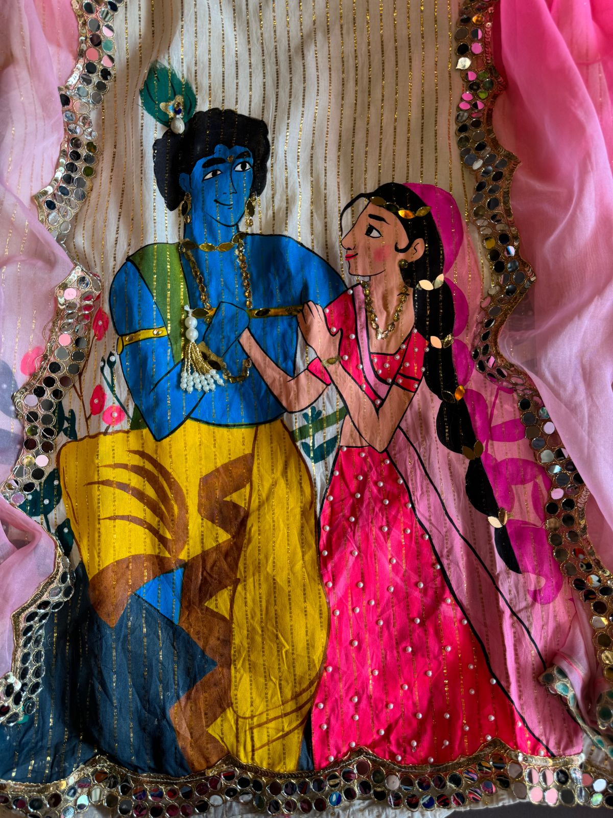 Lurex Cotton Unstitched Kurta with Shimmer lines , Depicting a Very Beautiful Concept of Radha Rani & Kanha ji engrossed  in playing his Murli