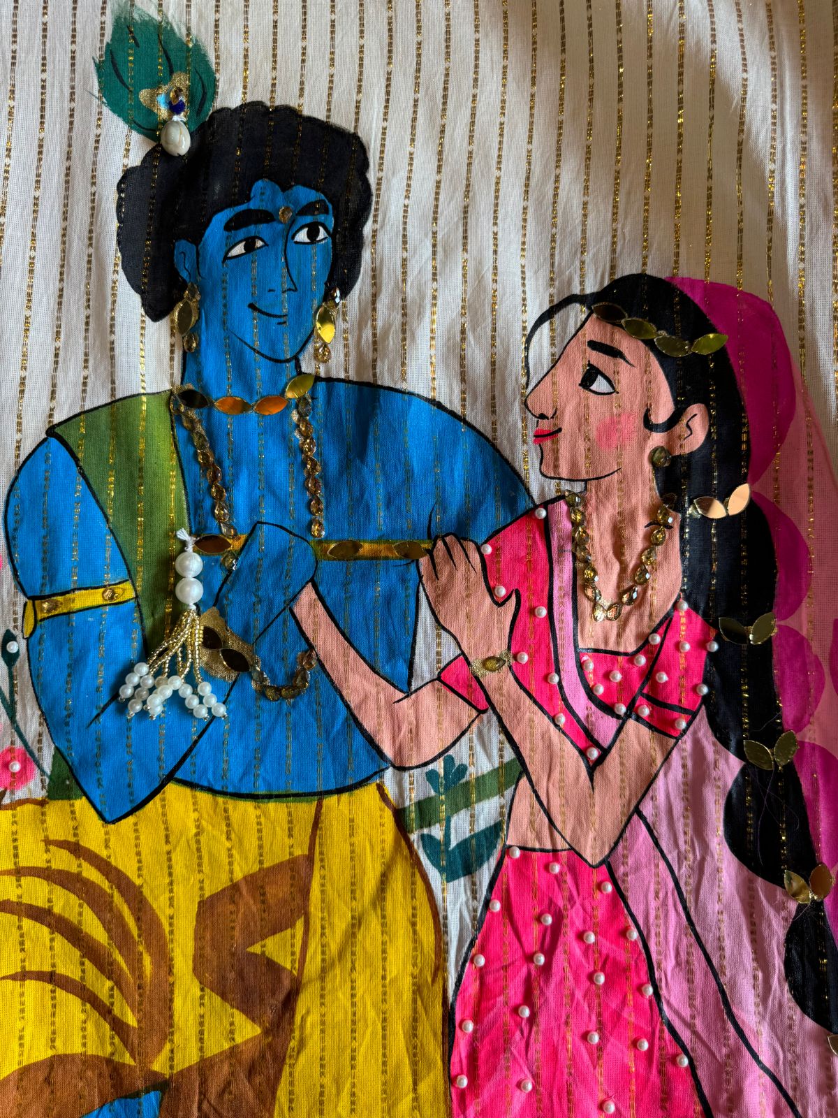 Lurex Cotton Unstitched Kurta with Shimmer lines , Depicting a Very Beautiful Concept of Radha Rani & Kanha ji engrossed  in playing his Murli