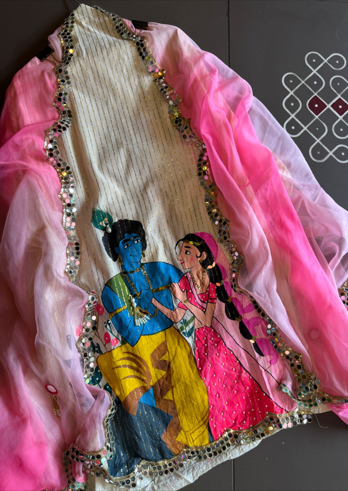 Lurex Cotton Unstitched Kurta with Shimmer lines , Depicting a Very Beautiful Concept of Radha Rani & Kanha ji engrossed  in playing his Murli