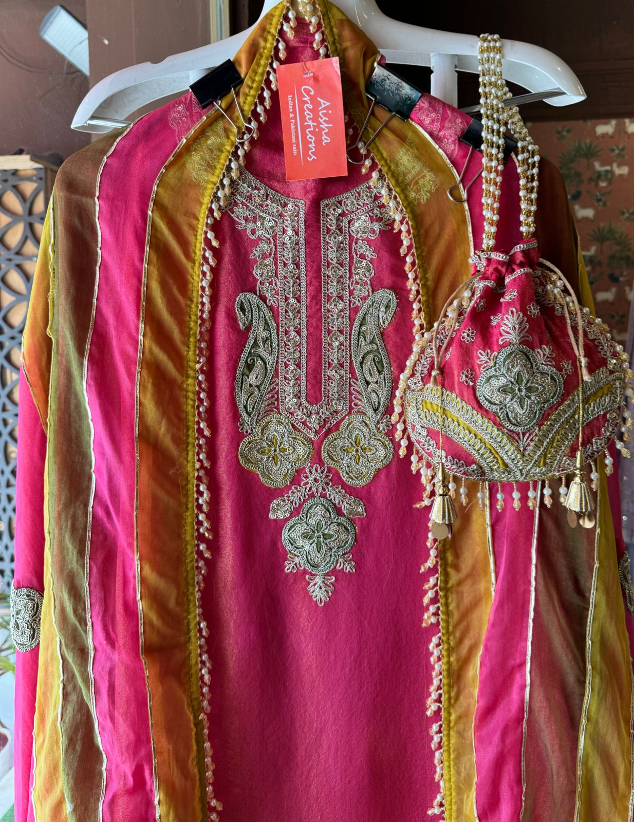 Shimmer tissue (Unstitched Shirt) With Beautiful Neckwork done with dori and Zari work