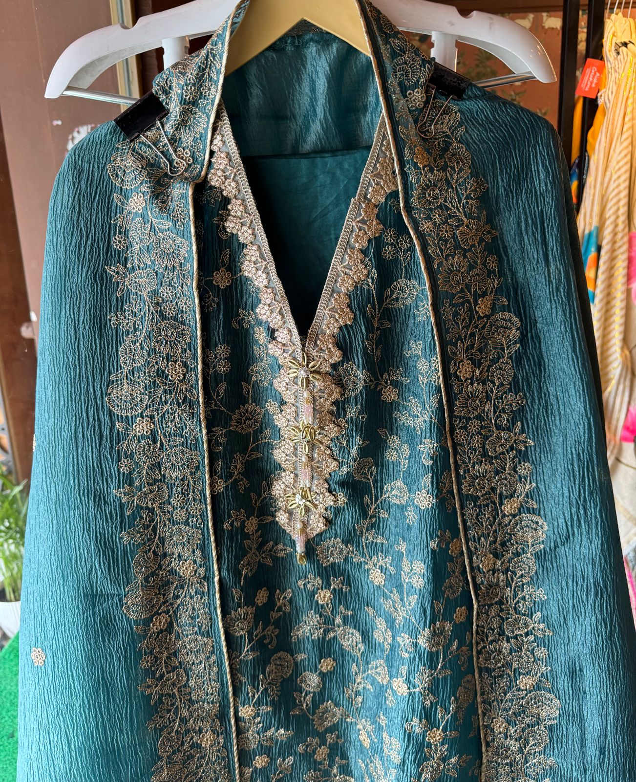 Crushed tissue Unstitched shirt Very smart concept with zari embroidered Jaal on the shirt front with designer neckline