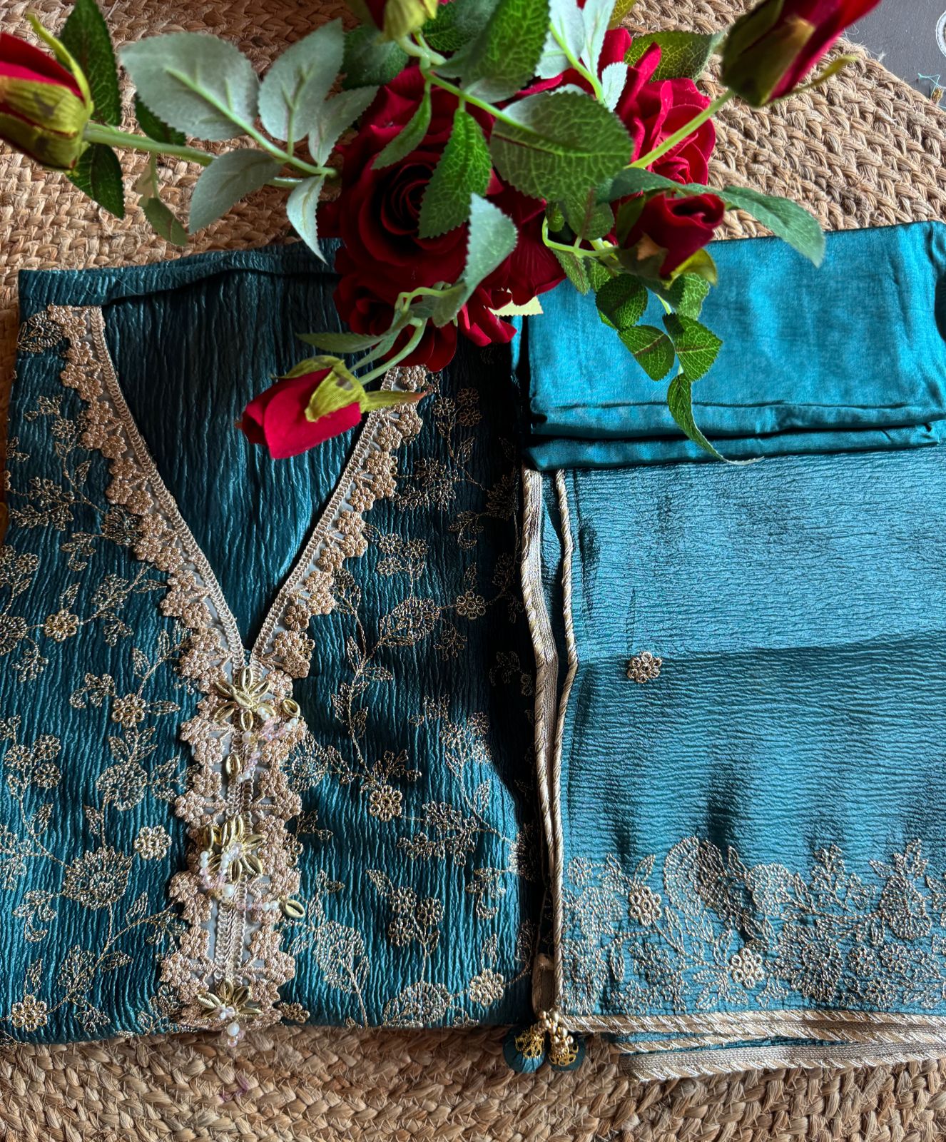 Crushed tissue Unstitched shirt Very smart concept with zari embroidered Jaal on the shirt front with designer neckline