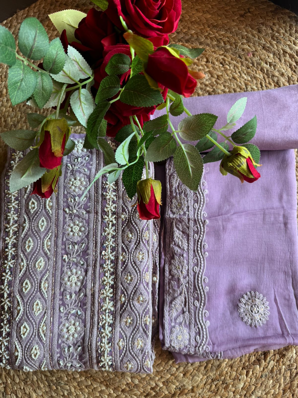 Pure Georgette Suits with Handwork done (Pearl work) with Pure chiffon embroidered Dupatta