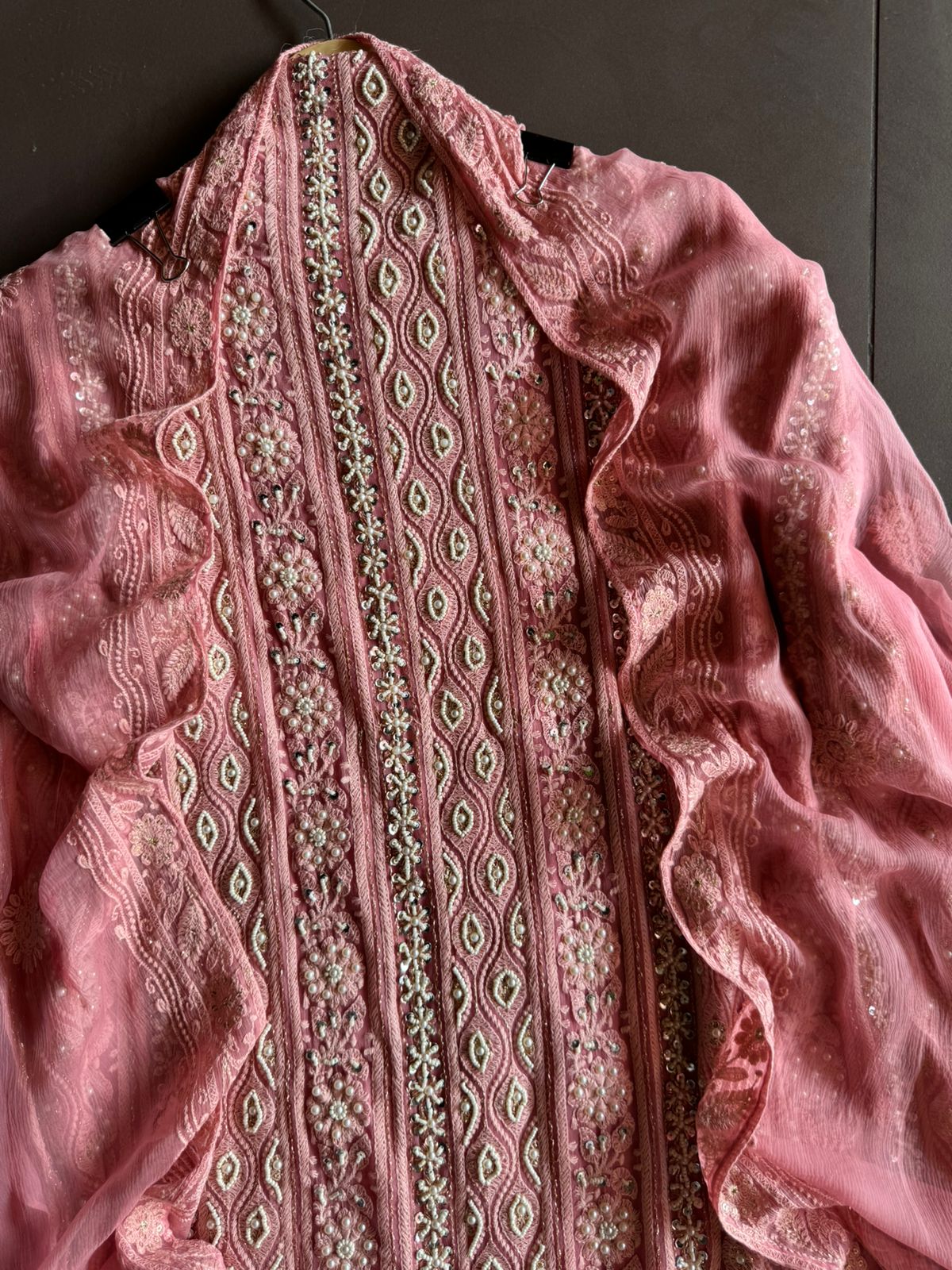 Pure Georgette Suits with Handwork done (Pearl work) with Pure chiffon embroidered Dupatta