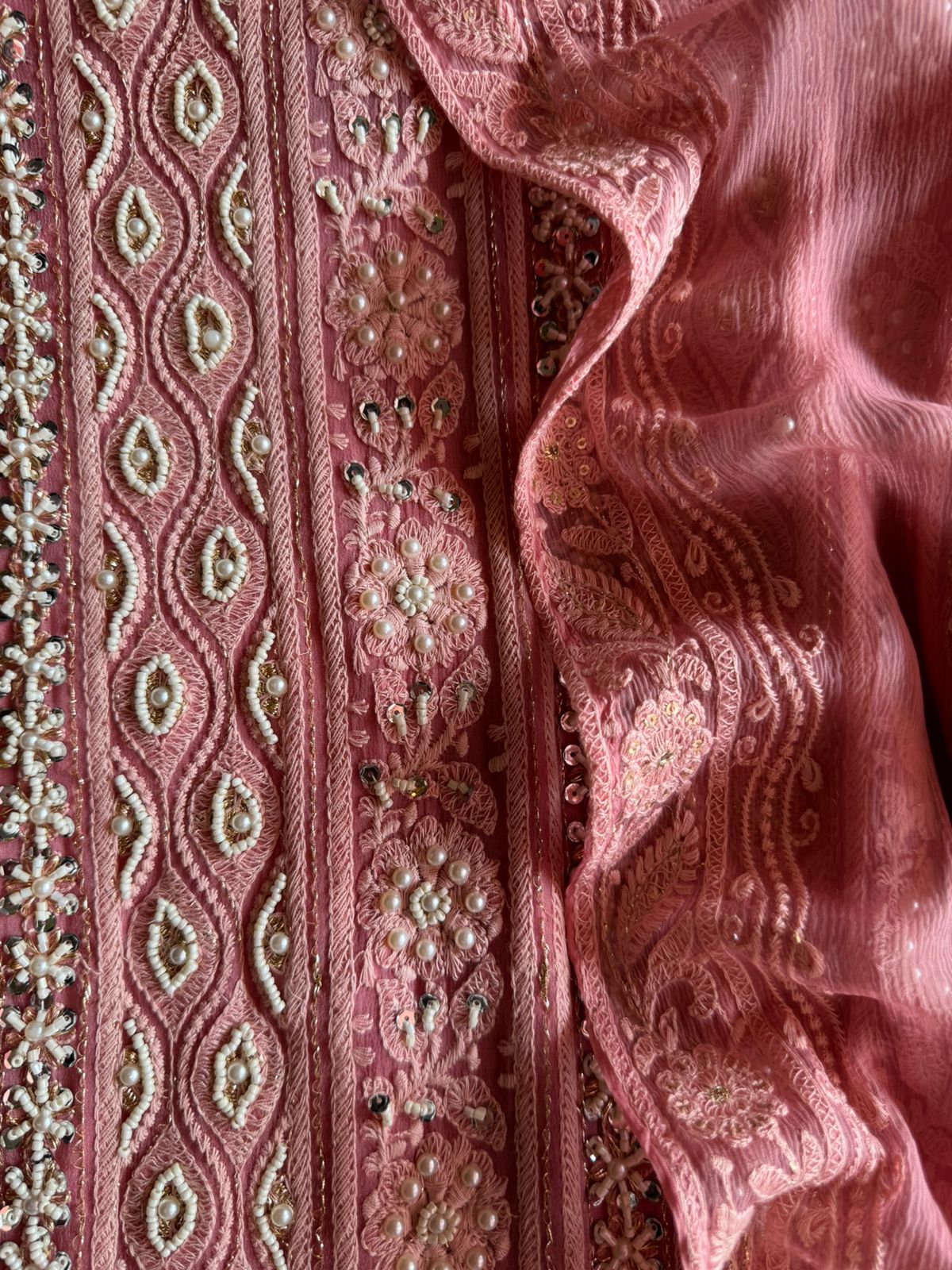 Pure Georgette Suits with Handwork done (Pearl work) with Pure chiffon embroidered Dupatta