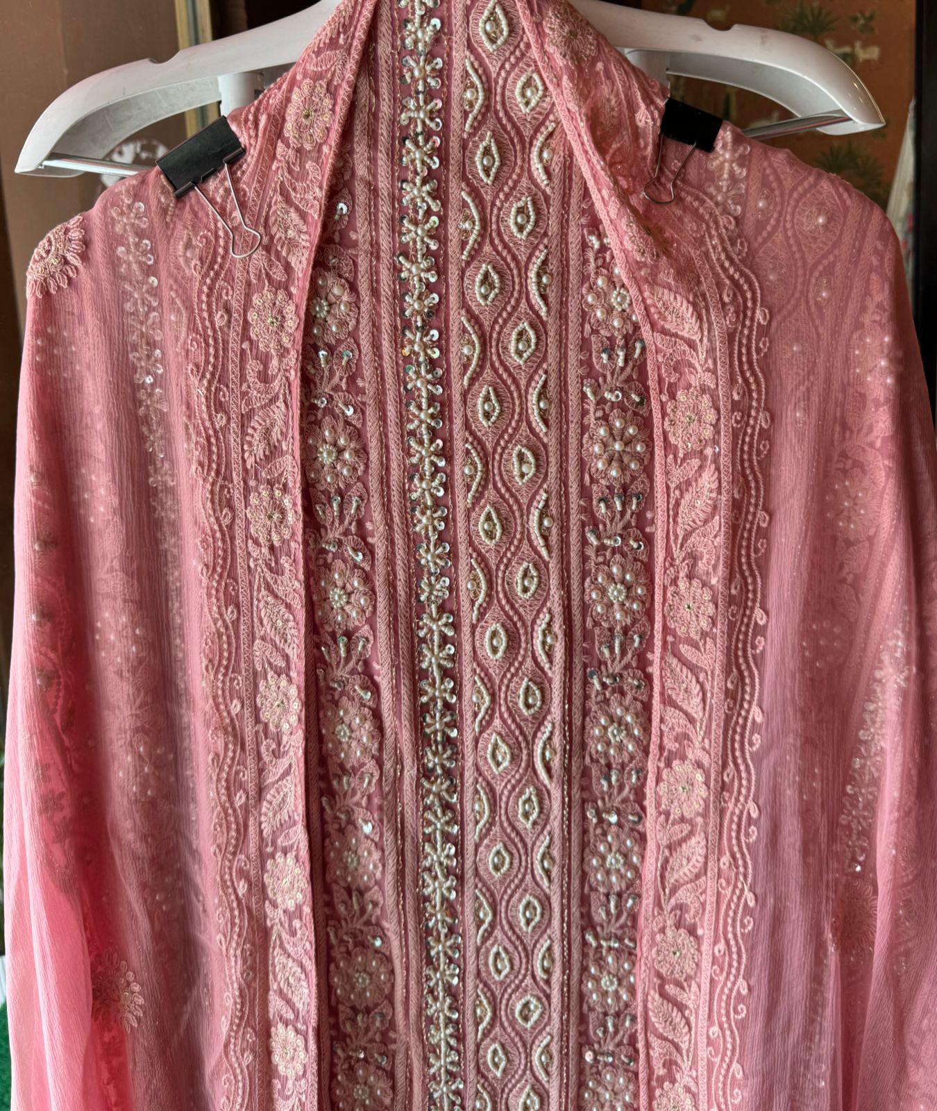 Pure Georgette Suits with Handwork done (Pearl work) with Pure chiffon embroidered Dupatta