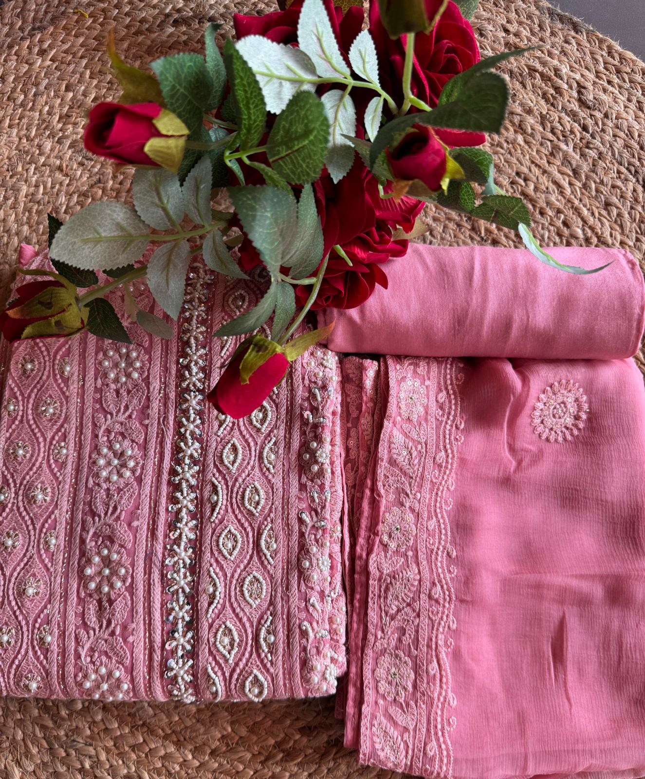 Pure Georgette Suits with Handwork done (Pearl work) with Pure chiffon embroidered Dupatta